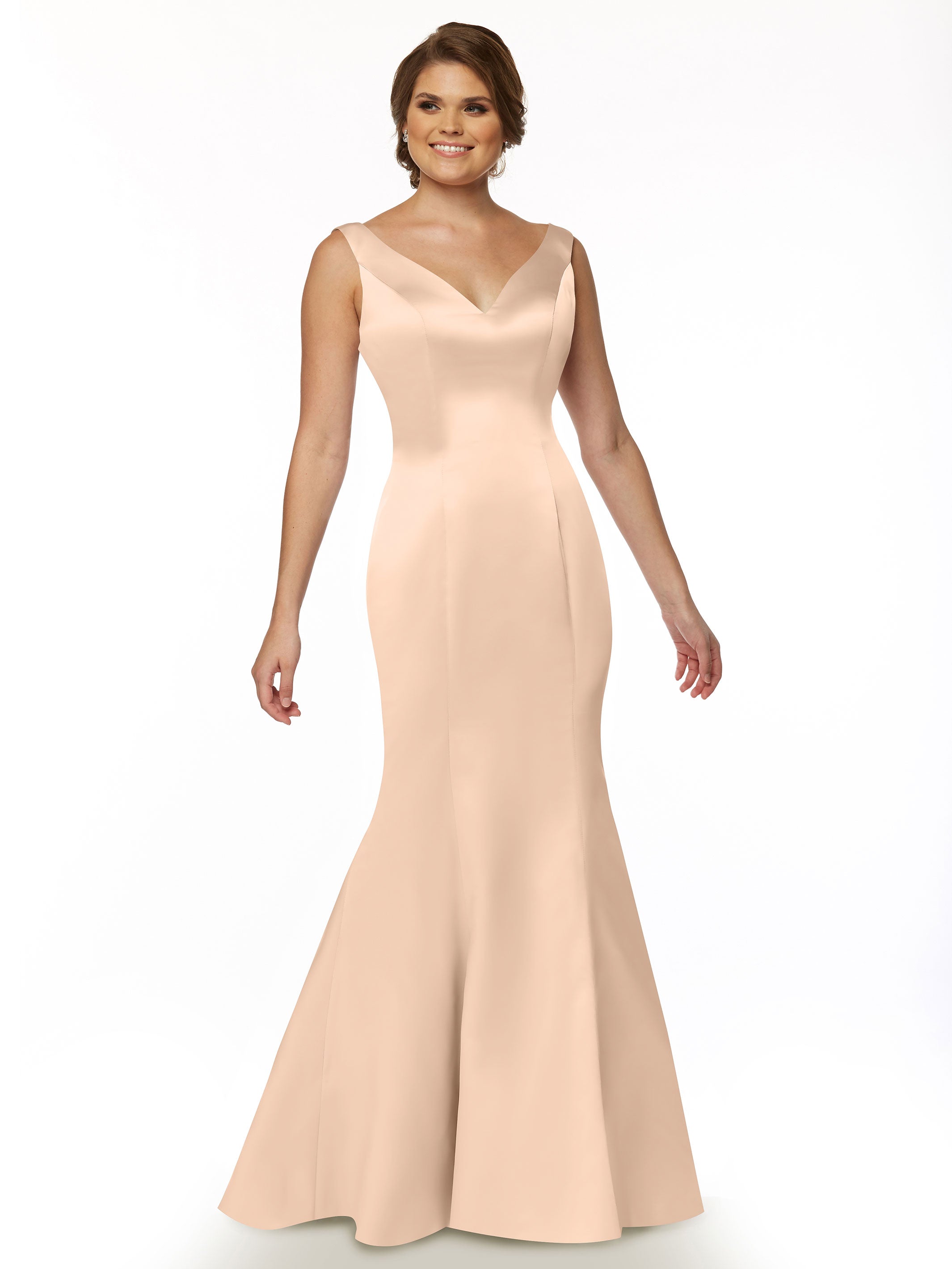 Elegant 80078 Fit and Flare Satin Bridesmaid Dress with V-Neckline & Ruffled Back - Perfect for Weddings, Prom, and Formal Events
