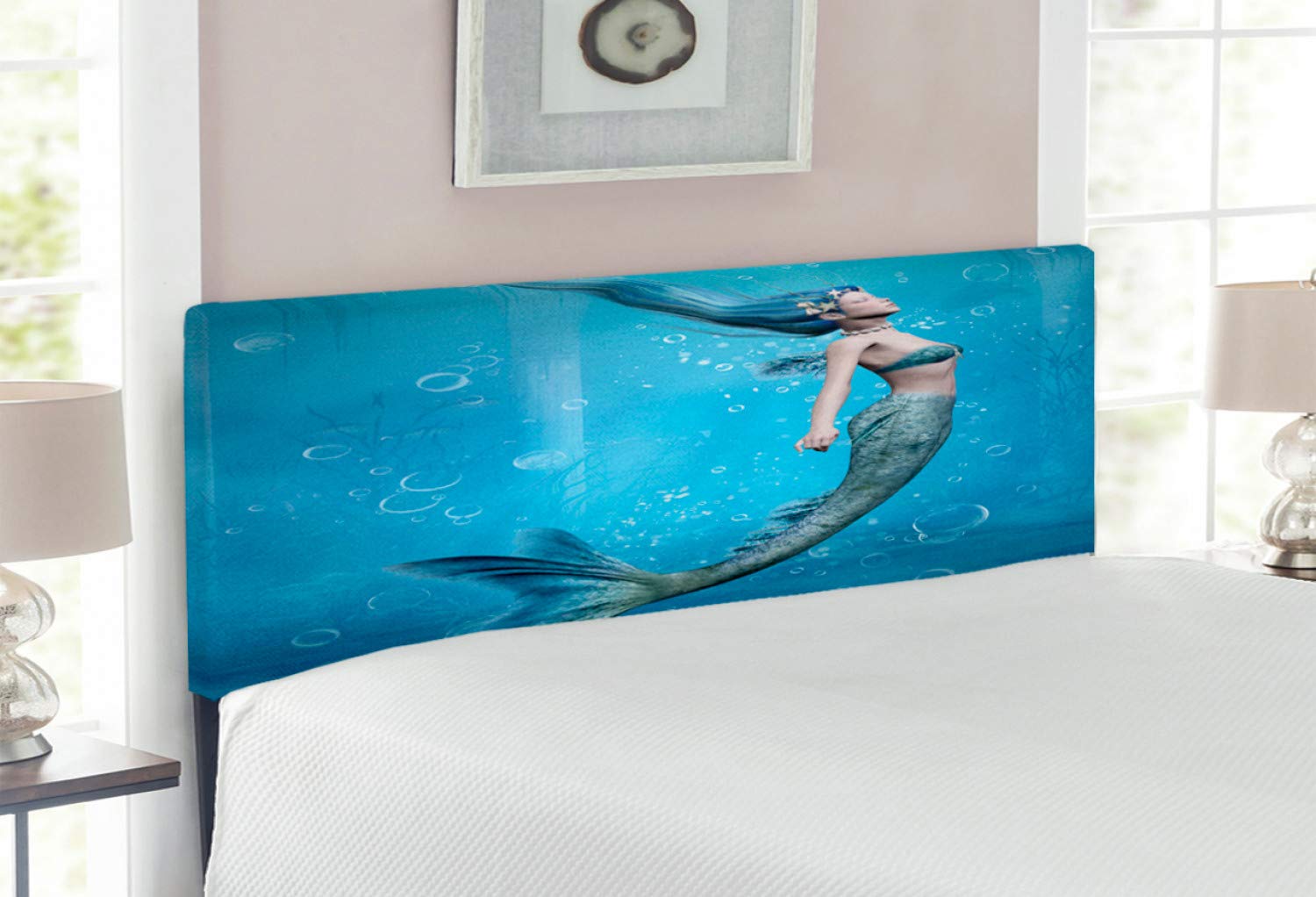 Ambesonne Underwater Mermaid Headboard - Full Size Blue Upholstered Metal Bed Frame with Memory Foam, Ocean Life Art Print for Bedroom Decor | Perfect for Coastal, Nautical & Fantasy Themed Rooms