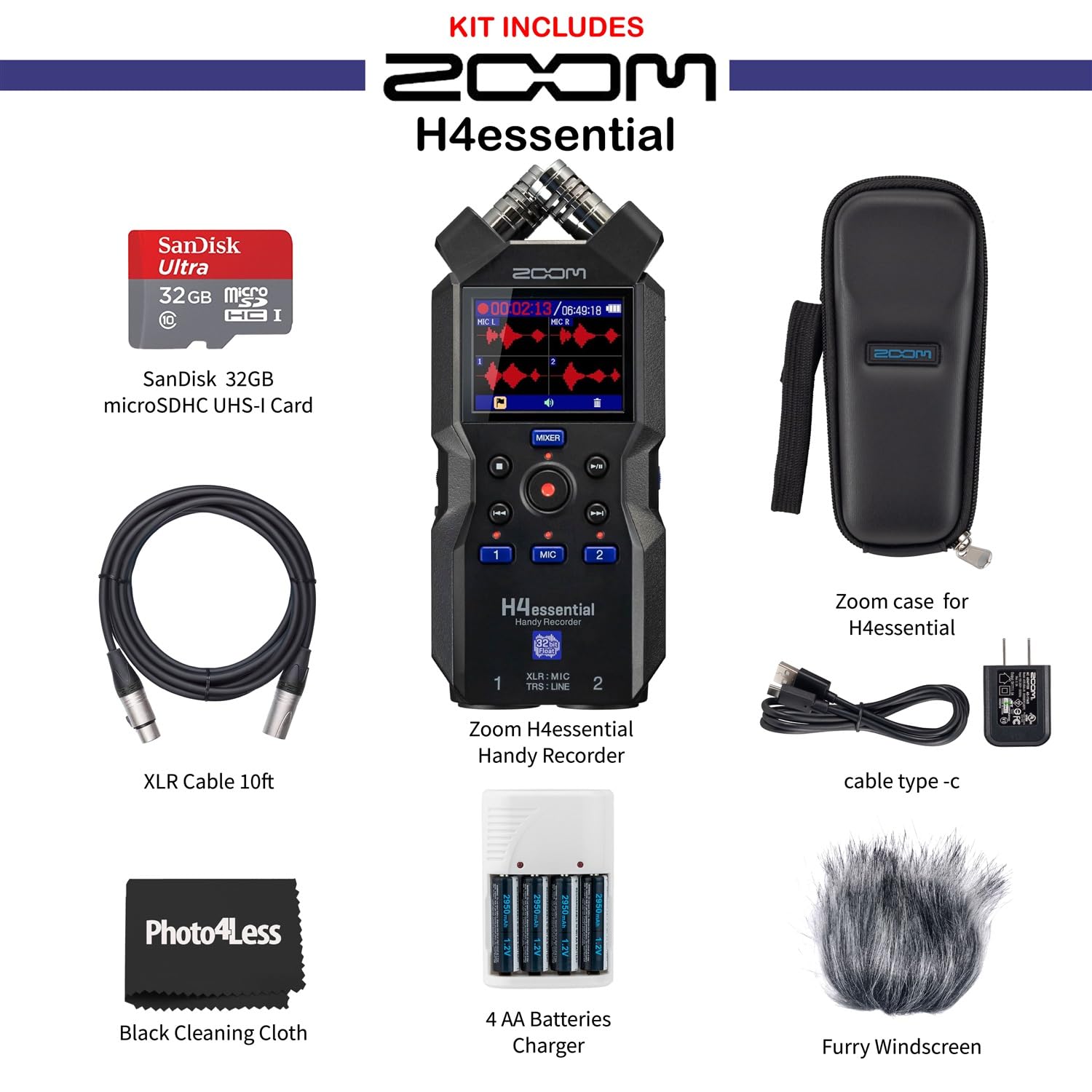Zoom H4n Essential Handy Recorder Bundle - Includes Accessory Pack, 32GB Micro SD Card with Adapter, 2 XLR Cables, 4 AA Batteries & Charger - Perfect for Podcasting, Field Recording & Music Production
