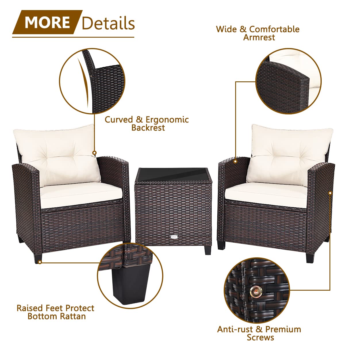 KOTEK 3-Piece Outdoor Patio Furniture Set with Washable Cushions & Tempered Glass Tabletop - PE Rattan Wicker Bistro Set for Porch, Garden, Balcony, Backyard (White) - Perfect for Relaxing, Entertaining Guests, and Outdoor Dining
