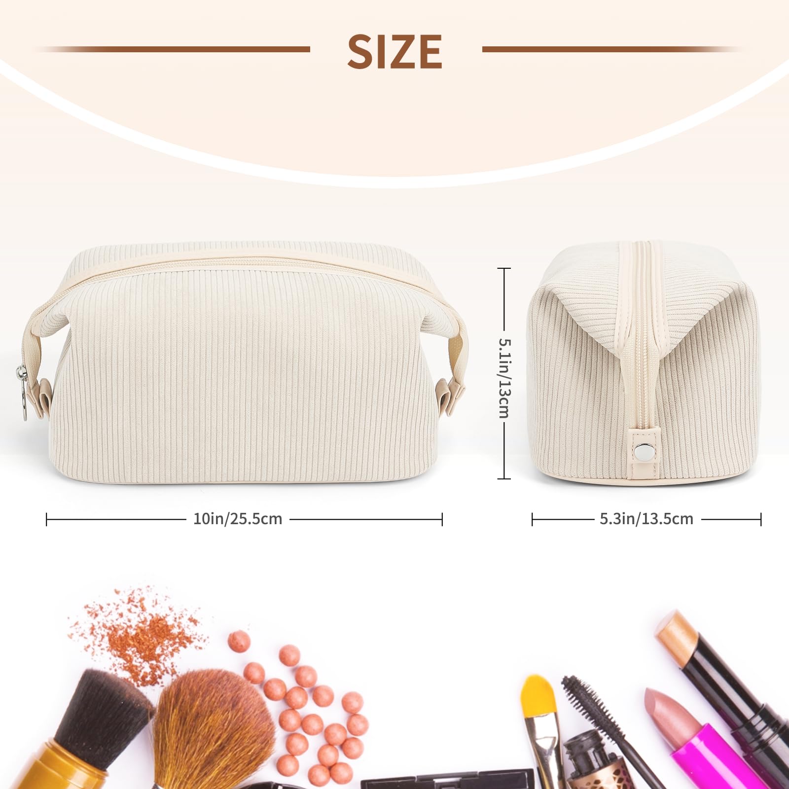 Large Corduroy Makeup Bag for Women - Travel Cosmetic Organizer with Wide Opening for Toiletries, Brushes & Bottles | Perfect for Travel Essentials & Daily Makeup Storage (Beige)