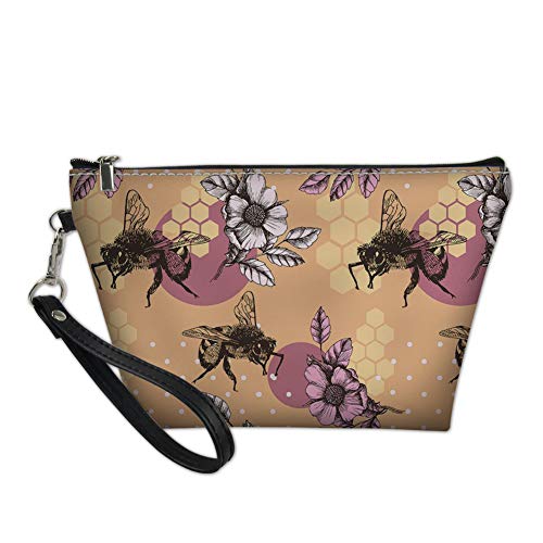 PU Leather Bees & Flowers Makeup Bag - Women's Cosmetic Travel Case with Zipper for Daily Use & Travel