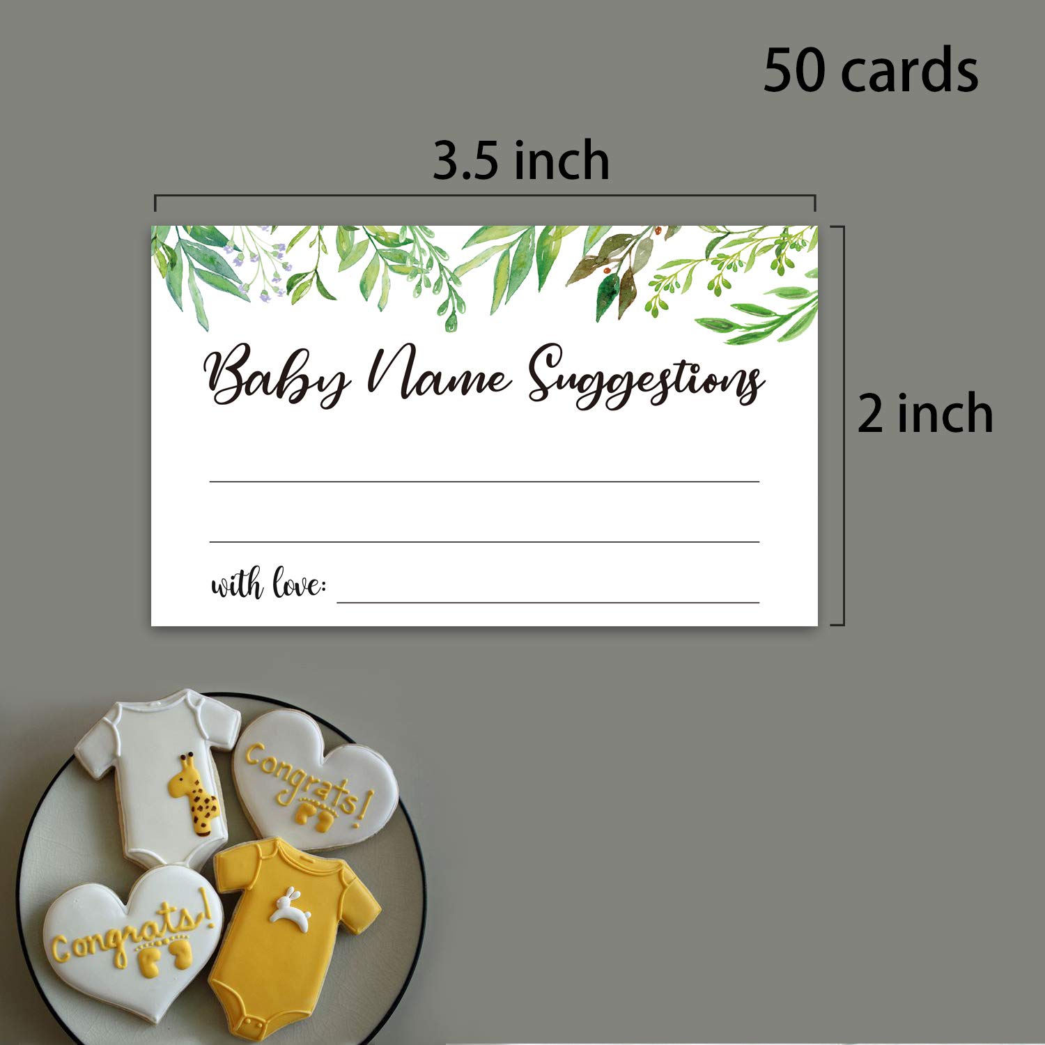 50 Baby Shower Name Suggestion Cards - Greenery-Themed Baby Name Game Cards for Gender Reveal & Baby Shower Parties - 3.5