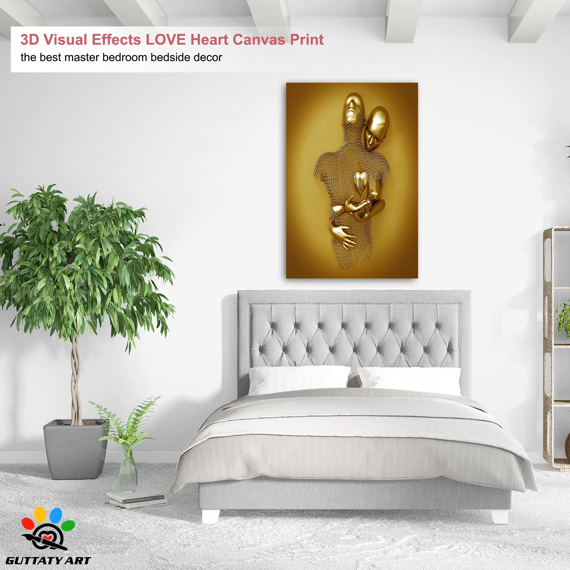 3D Metal Effect Love Heart Gray Canvas Wall Art - Romantic Hugging Couple Painting for Bedroom & Living Room Decor - Valentine's Day Gift for Couples (32x48 Inches) - Perfect for Anniversary, Wedding, and Home Interior Design