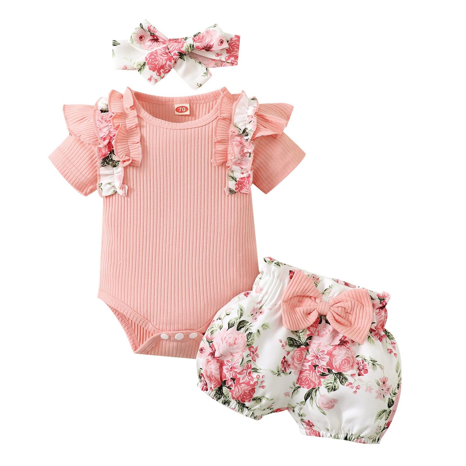 6-Month Baby Girl Summer Outfit - Newborn Infant Ribbed Romper Top with Floral Blanket & Headband Set | Perfect for Beach, Photo Shoots & Outdoor Play