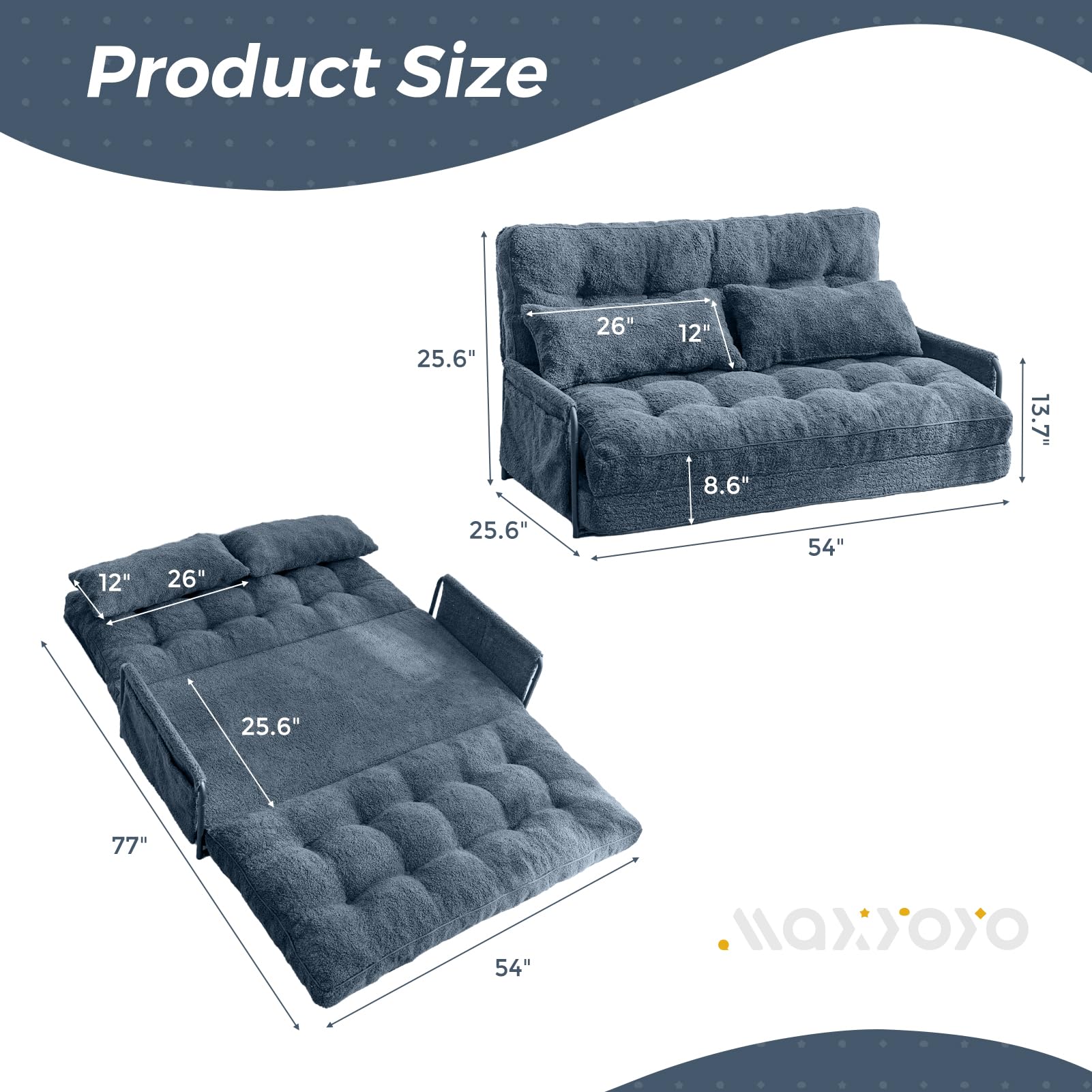 MAXYOYO Adjustable Floor Sofa Couch - Convertible Lazy Sofa Bed with 2 Pillows & Armrests | Boucle Fabric in Dusty Blue | Perfect for Small Spaces, Living Rooms & Guest Beds