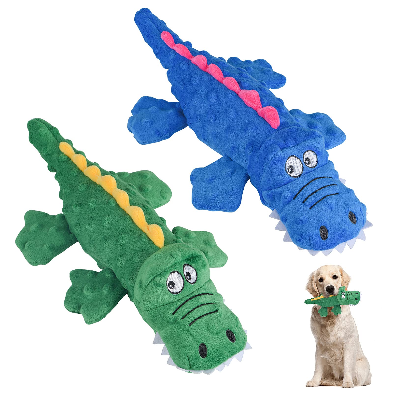 Durable Squeaky Dog Toys - 2 Pack Interactive Plush Chew Toys for Puppies & Small Medium Dogs | Crocodile Shape with Crinkle Paper & Stuffing for Teeth Cleaning & Training | Perfect for Indoor Play, Outdoor Fetch & Puppy Teething Relief