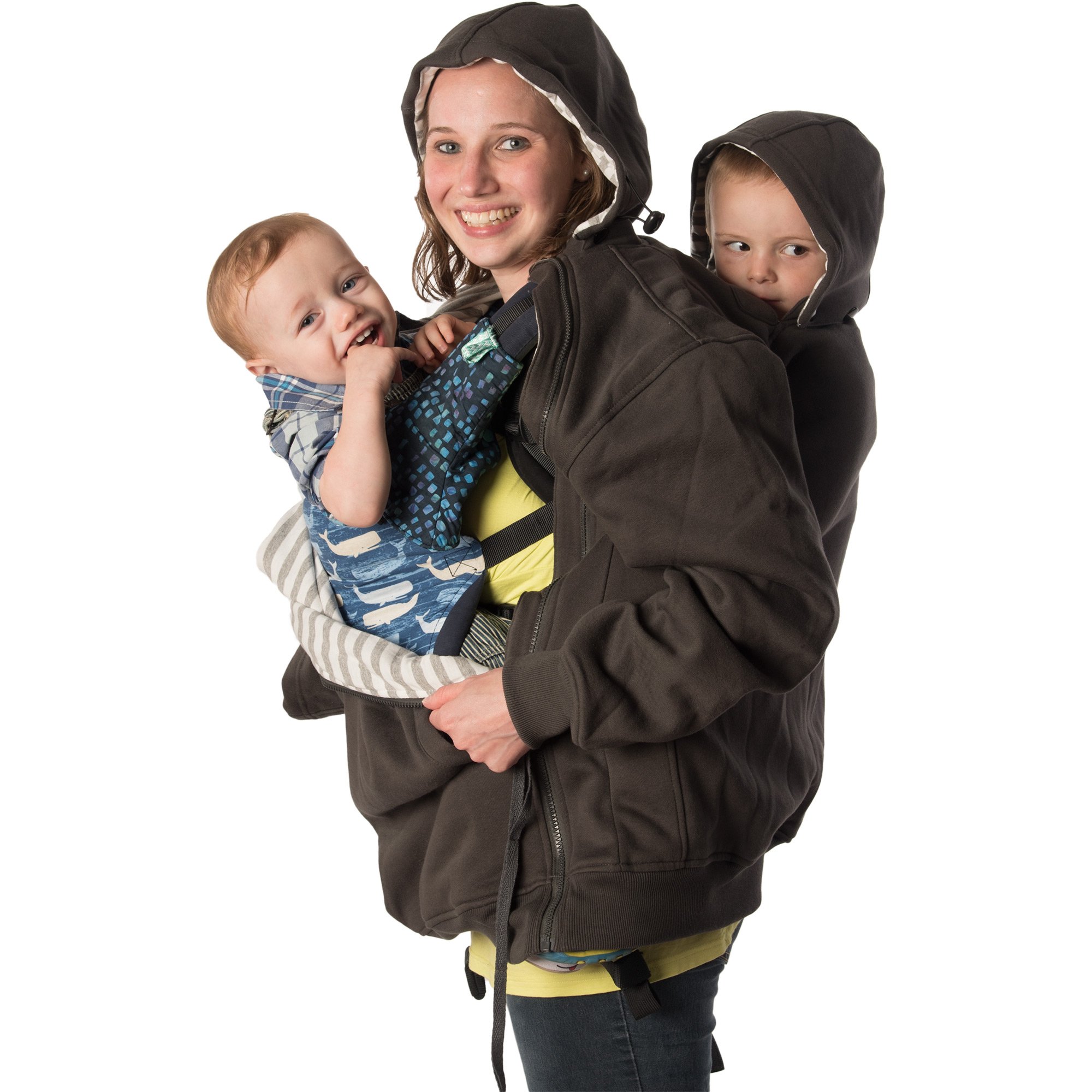 RooCoat Tandem Baby Carrier & Maternity Winter Coat - Charcoal Gray Stripes XL - Hands-Free Babywearing for Parents, Nursing Jacket for Moms, Perfect for Outdoor Walks & Errands