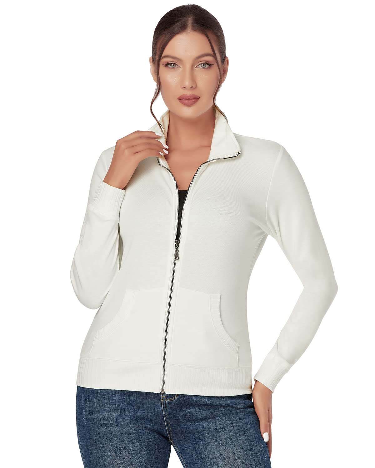 J.Corrine Women's Zip Up Hooded Sweatshirt Jacket - Stand Collar Long Sleeve Athletic Running Track Jacket with Pockets - Navy Blue - Perfect for Gym, Jogging & Casual Wear