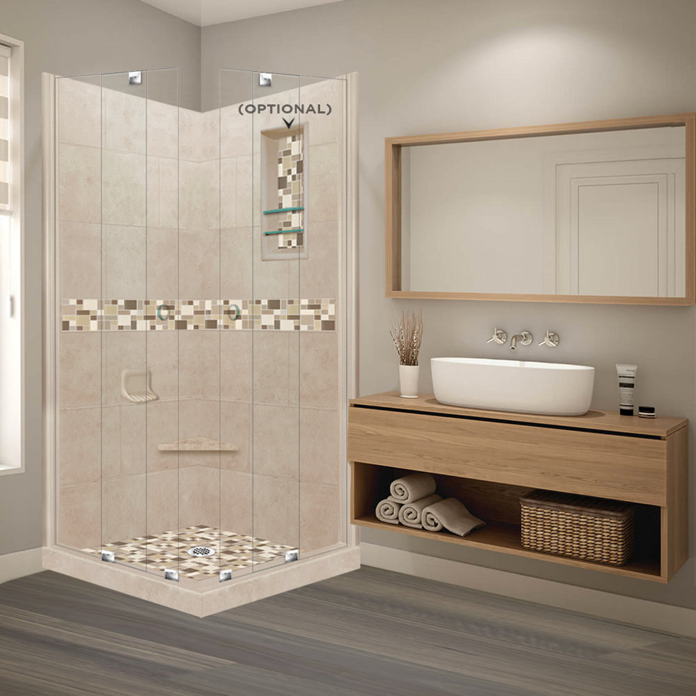 DIY Shower Remodel Kit - Corner Brown Sugar Sistine Stone & Tuscany Mosaic Accent Tile for Bathroom Renovation | Waterproof Peel-and-Stick Backsplash | Easy Installation for Showers, Bathtubs & Kitchen Walls