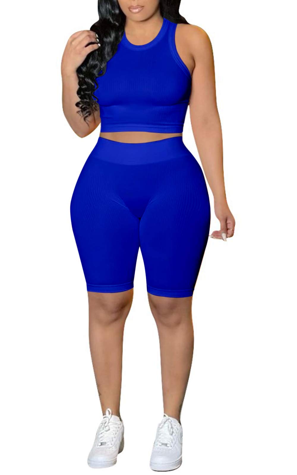 Women's 2-Piece Biker Shorts Set - Ribbed Crop Tank Top & High Waist Yoga Shorts | Summer Workout Outfit for Cycling, Gym, Running & Lounge Wear