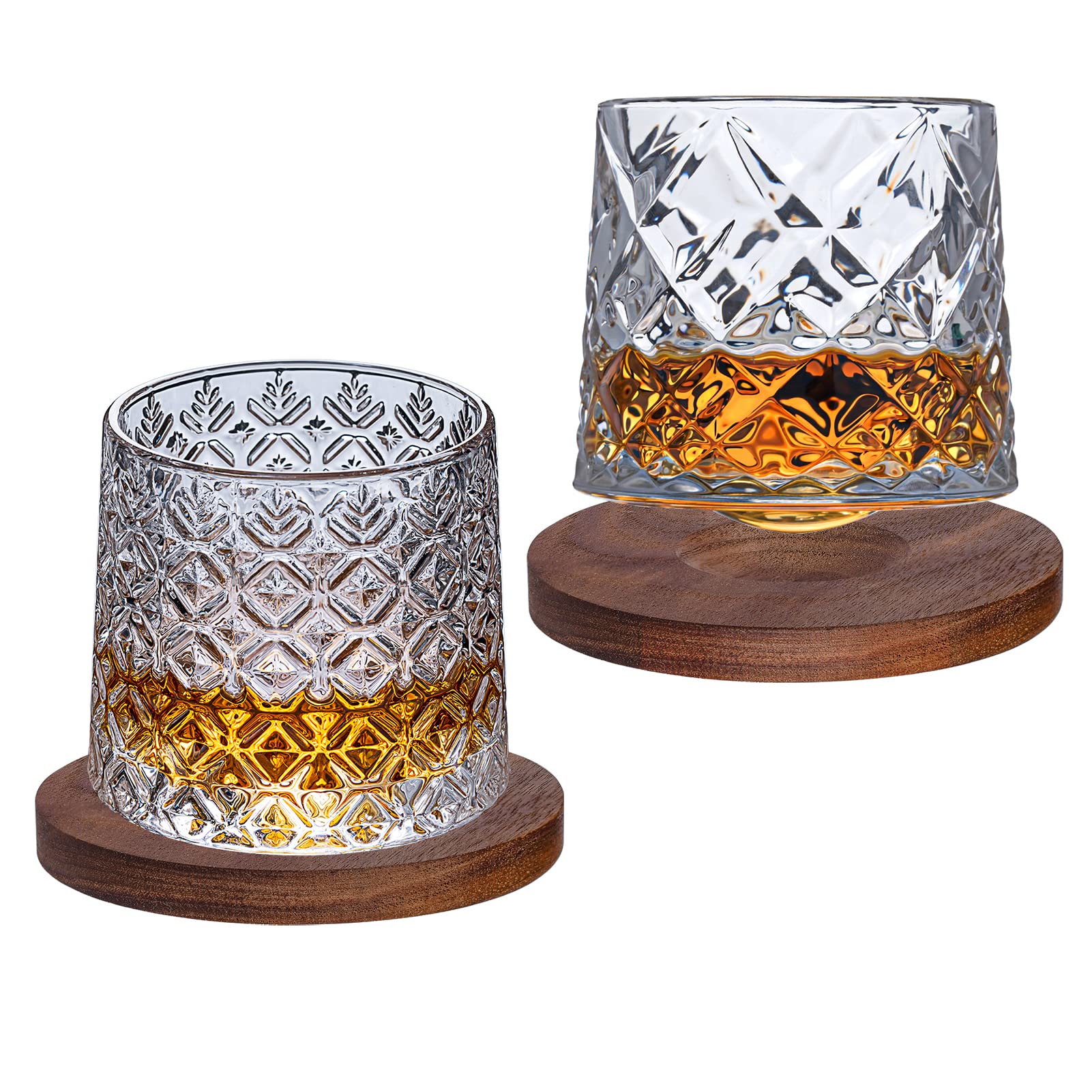 Premium Spinning Crystal Whiskey Glasses 10.8oz (Set of 2) - Large Rotatable Bourbon Glasses with Coasters - Stress Relief Tumbler for Scotch, Cocktails & Coffee - Perfect Father's Day Gift for Home Bar, Office or Relaxation