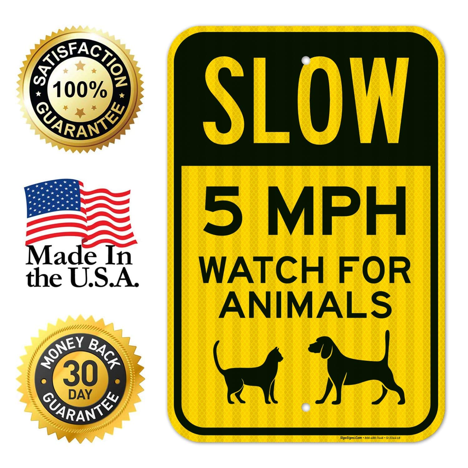 Slow 5 MPH Watch for Animals Sign - 12x18 Inch Reflective Aluminum Traffic Sign - 3M EGP Coated, Fade Resistant - USA Made for Driveways, Neighborhoods & School Zones