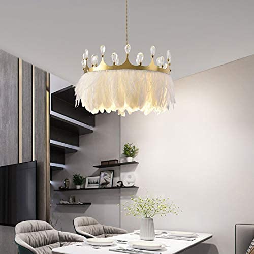Modern White Feather Pendant Lamp with Gold Crown Crystal Chandelier - Adjustable Flexible Wire Ceiling Light for Living Room, Bedroom, Nursery & Bar Decor (21.7 inch/55cm) - Elegant Lighting Fixture for Home, Restaurant & Commercial Spaces