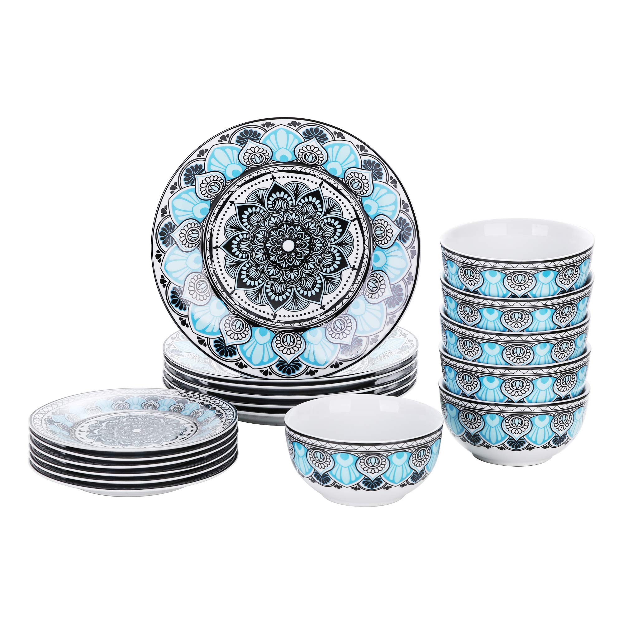 VEWEET Audrie Series 18-Piece Porcelain Dinnerware Set for 6 - Floral Patterned Ceramic Plates, Bowls & Mugs - Boho Style Tableware for Everyday Dining, Entertaining & Special Occasions