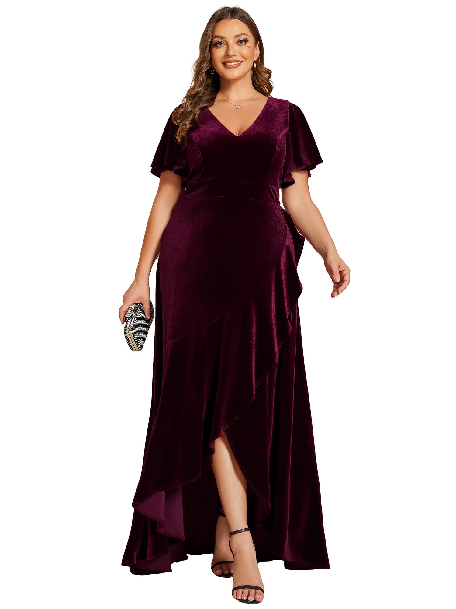 Ever-Pretty Women's Vintage Plus Size Ruffles Hemline Velvet Wedding Guest Dress 02041-DA | Elegant Formal Evening Gown for Bridesmaid, Prom, Cocktail Party & Special Occasions