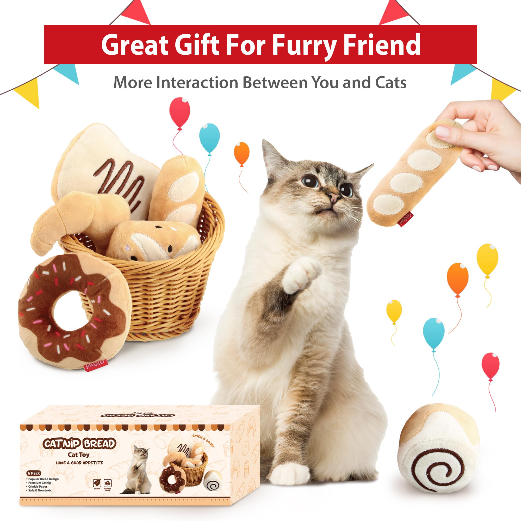 Gigwi Catnip Toys for Cats - 6 Pack Interactive Plush Cat Kicker Toys with Refillable Catnip, Crinkle Sound & Bread Design - Safe Kitten Teething Chew Toys for Indoor Play, Stress Relief & Enrichment Activities