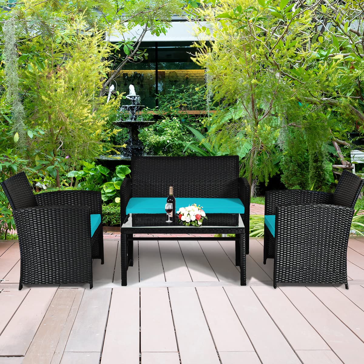 COSTWAY 4-Piece Outdoor Rattan Patio Furniture Set with Cushions & Glass Coffee Table - Wicker Sofa Conversation Set for Backyard, Porch, Garden, Lawn (Turquoise) | Perfect for Relaxing, Entertaining & Outdoor Dining