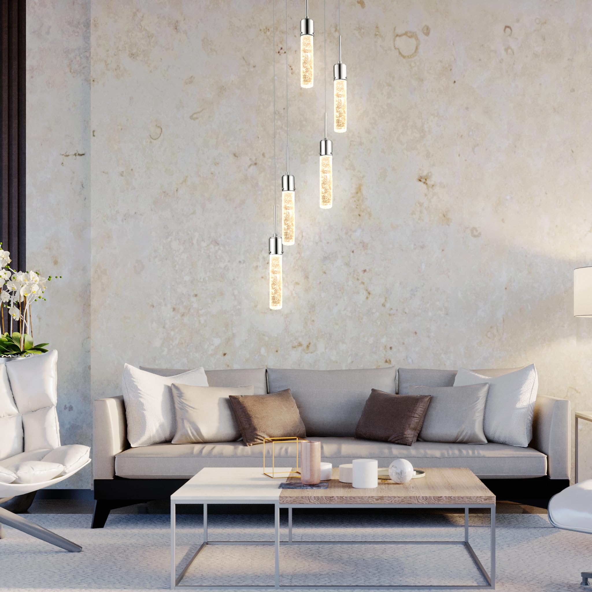 Modern LED Pendant Light - Adjustable Crystal Bubble Ceiling Fixture for Kitchen Island, Dining Room & Living Room | Chrome Finish 4000K Warm White | Perfect for Entryway, Bedroom & Office Lighting