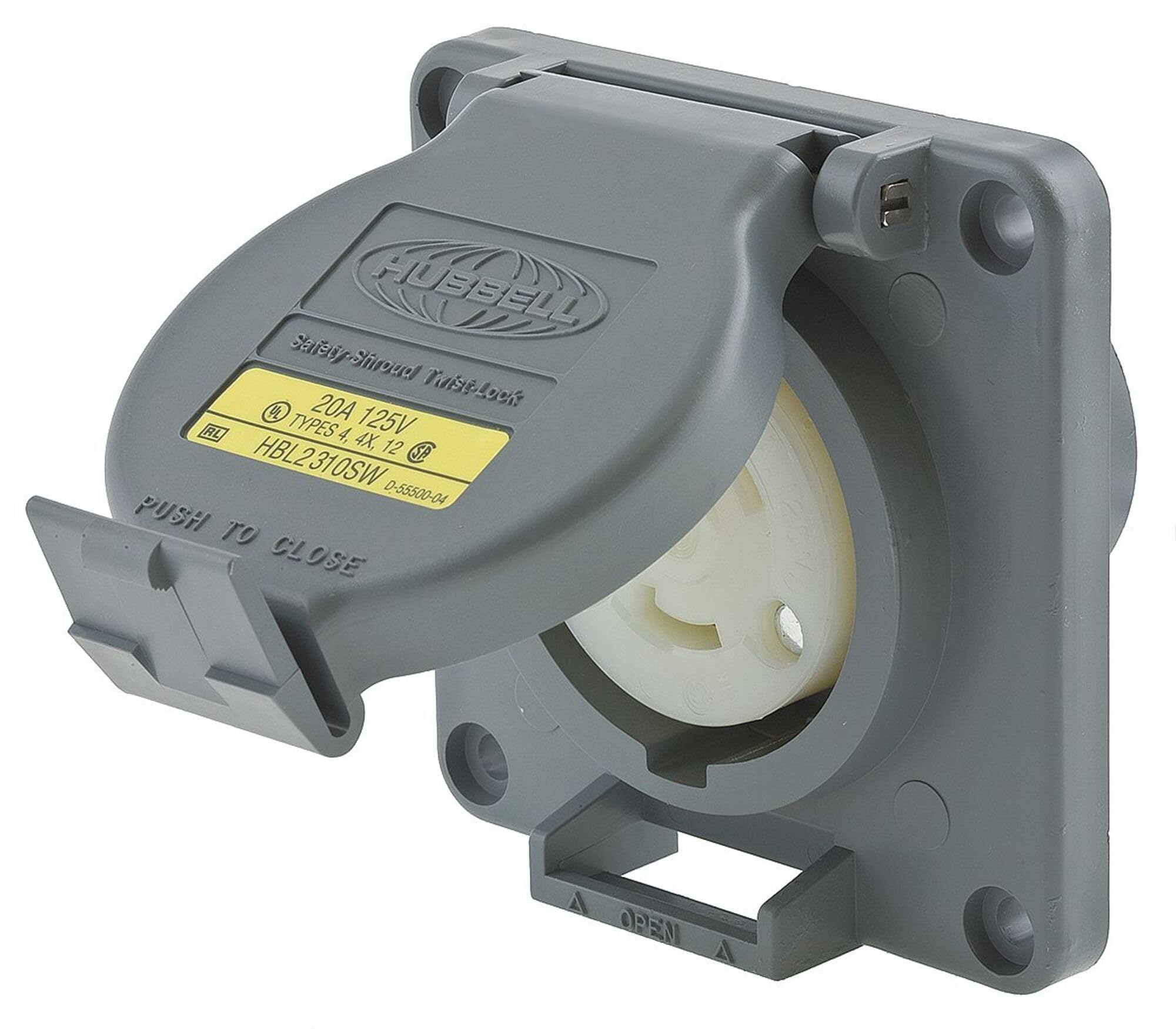 L5-20R Twist-Lock Receptacle, 20A 125V 2-Pole 3-Wire Grounding, Watertight Safety Shroud, Screw Terminal, Gray - Ideal for Outdoor and Industrial Power Connections