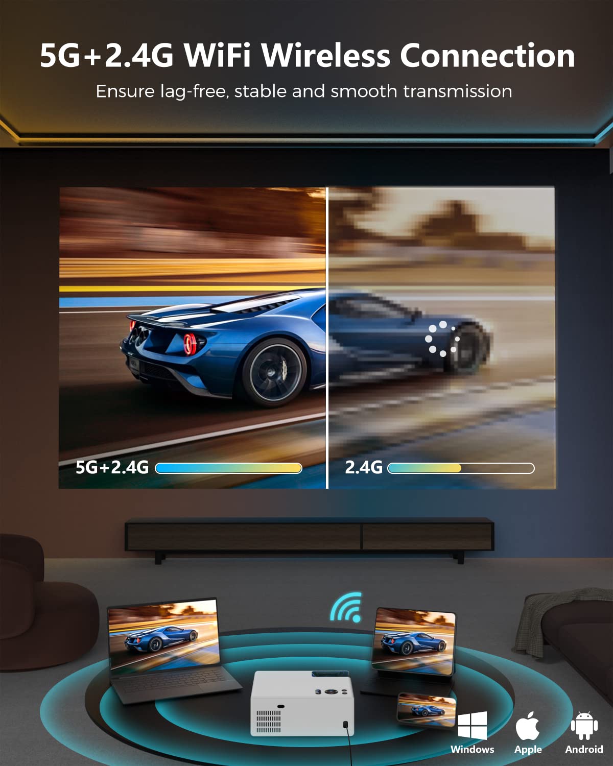 FUDONI WiFi Bluetooth Projector, 4K Supported 18000L HD 1080P Portable Outdoor Movie Projector, 300