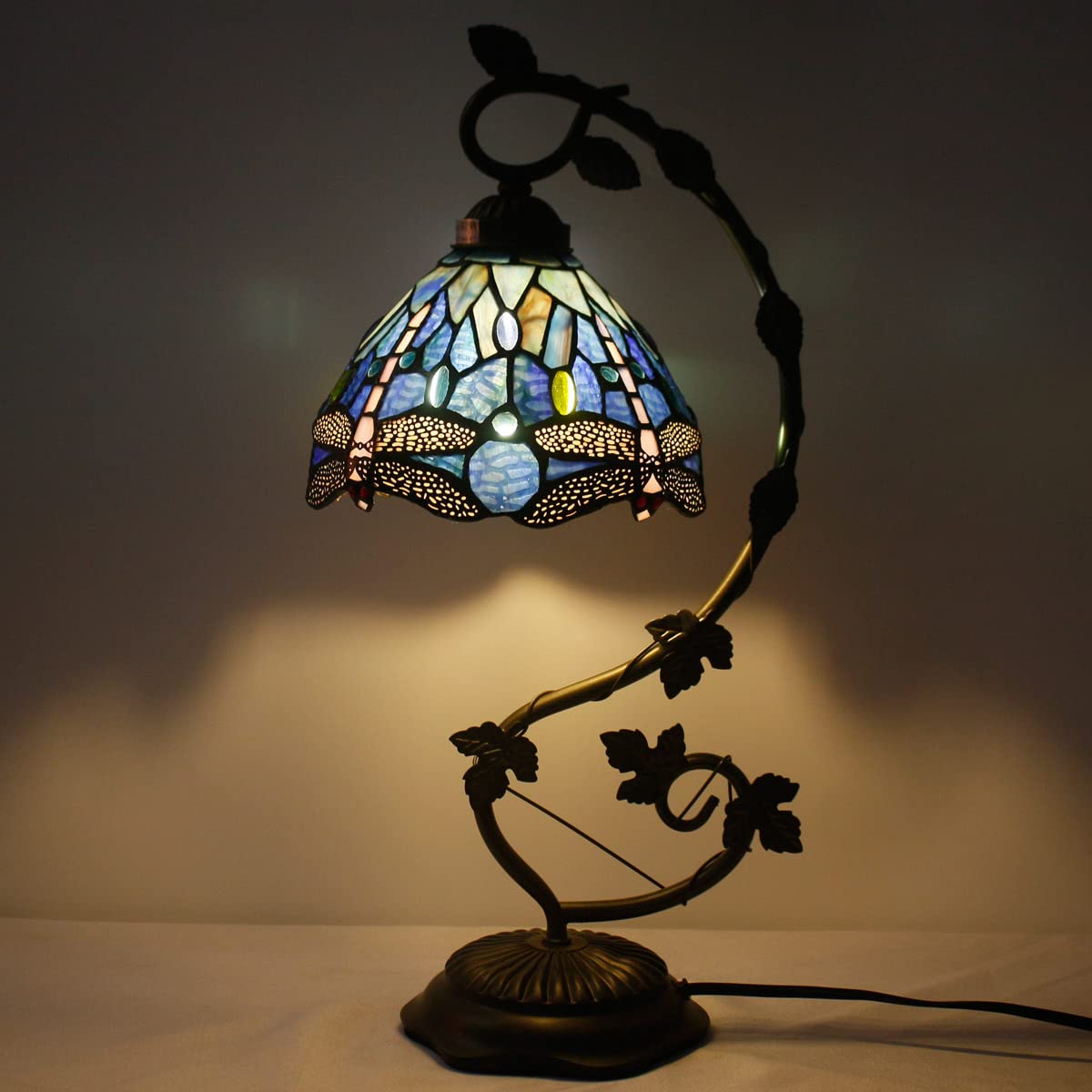 WERFACTORY Tiffany Style Dragonfly Table Lamp - Blue Stained Glass with Metal Leaf Design, 8x10x21 Inches - Perfect for Bedroom, Home Office & Small Space Decor | Reading Light & Ambient Lighting for Cozy Atmosphere (S631 Series)