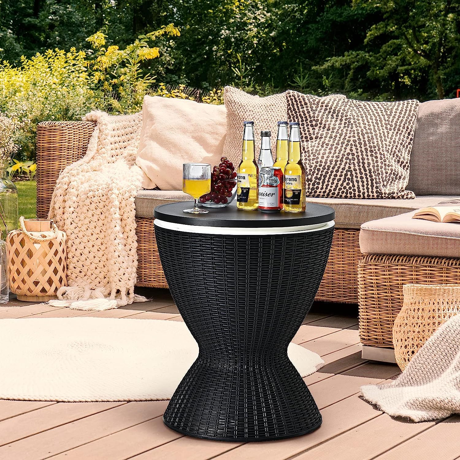 Byroce 8 Gallon Outdoor Cooler Side Table - Rattan Style Patio Bar Table with Built-in Beer & Wine Cooler - All-Weather Poolside & Hot Tub Cocktail Table for Backyard, Deck, BBQ Parties & Outdoor Entertaining