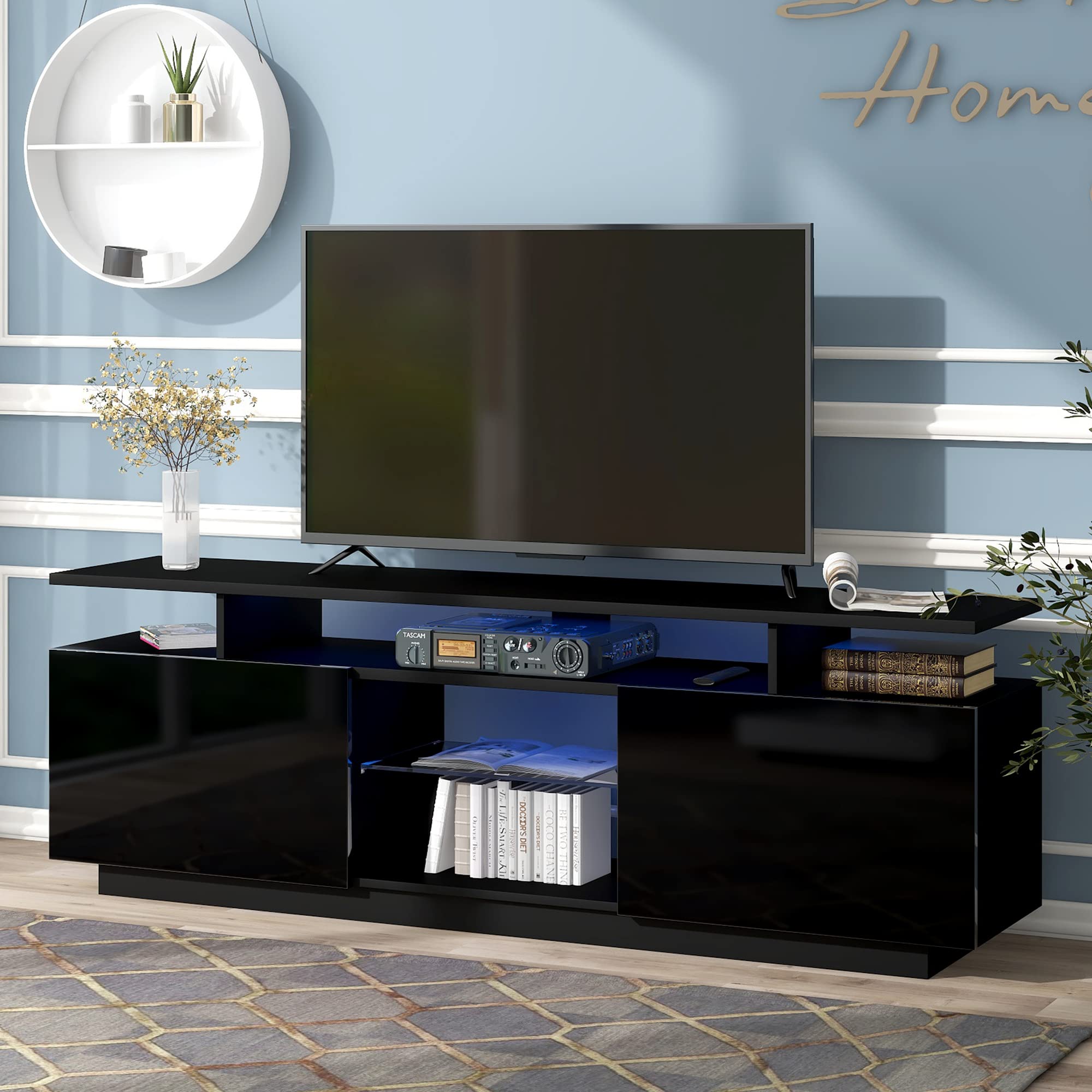 62.9 Inch Modern TV Stand with LED Lights for 65 Inch TVs - 3 Tier High Gloss Media Console with 2 Storage Cabinets & Tempered Glass Shelves - Entertainment Center for Living Room, Bedroom & Home Theater (Black)