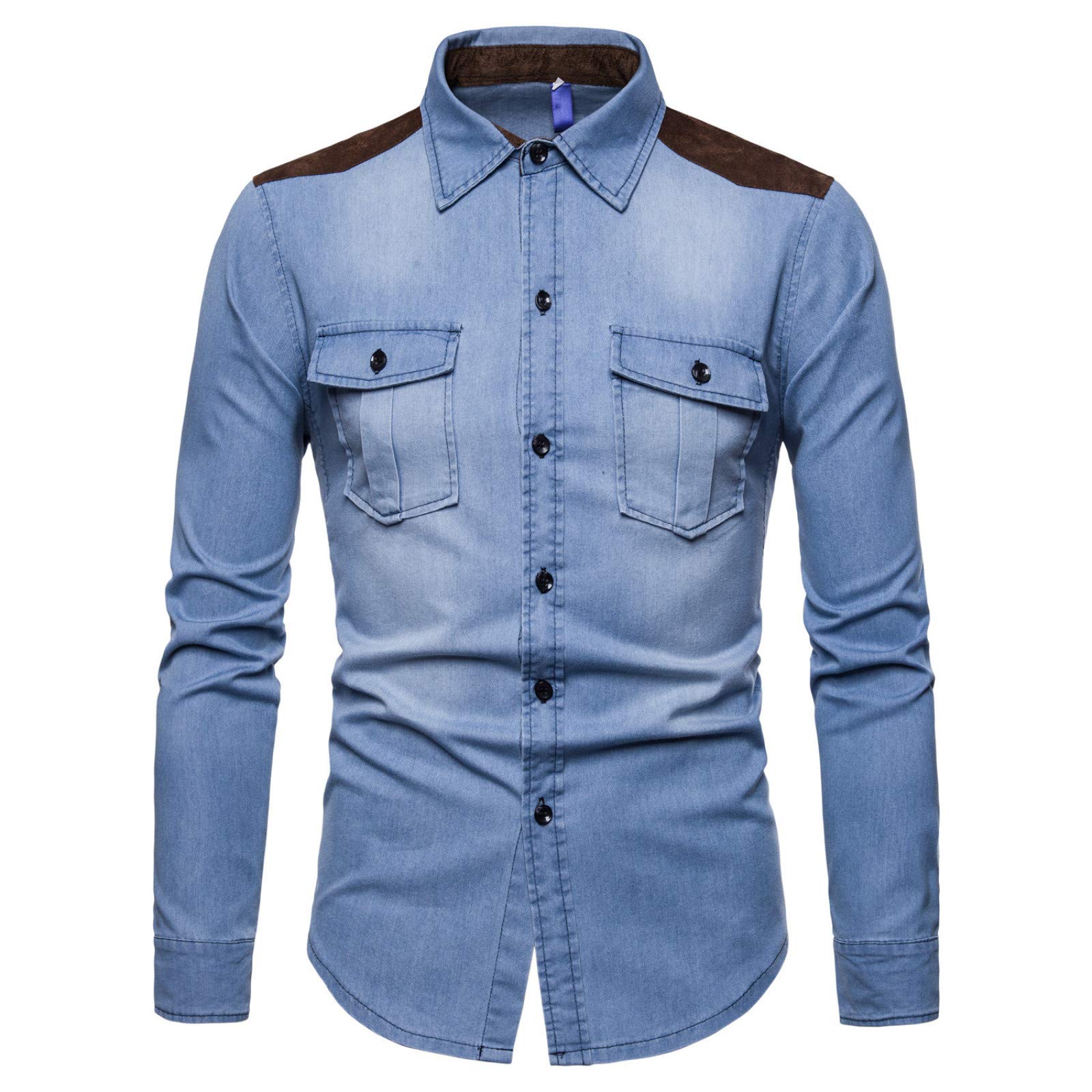 Men's Colorblock Washed Denim Long Sleeve Shirt - Casual Button Down Shirt for Spring & Autumn | Perfect for Outdoor Activities, Work & Everyday Wear