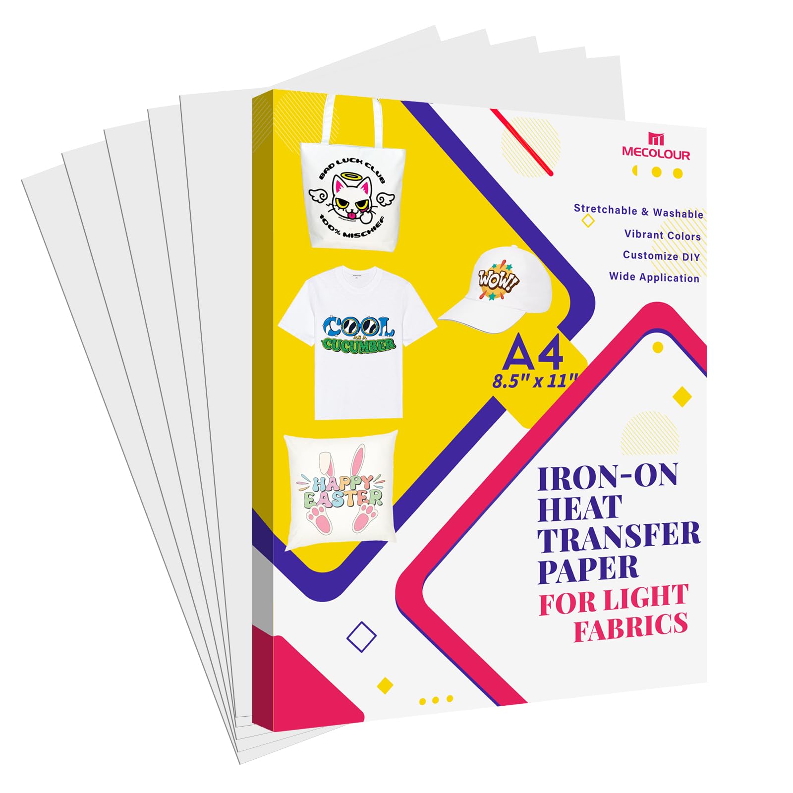 MECOLOUR Iron-On Heat Transfer Paper for Light Fabrics - Printable T-Shirt Printing Paper for Inkjet Printer (8.5