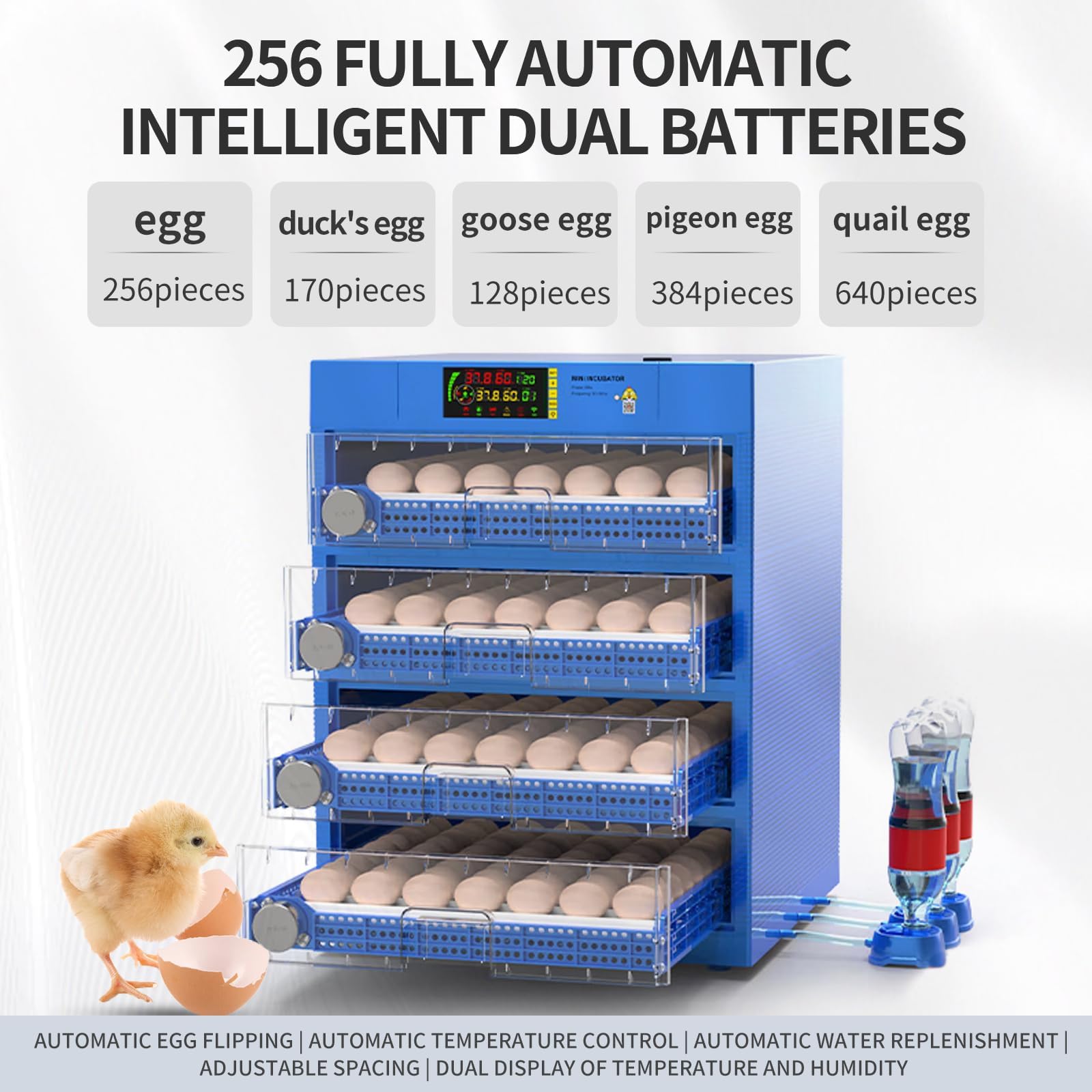 Automatic 256 Egg Incubator with Dual Power Supply, Auto Egg Turner & Temperature Control - Poultry Hatching Machine for Chicken, Duck, Goose, Quail & Birds - Perfect for Farm, Hatchery & Backyard Poultry Breeding
