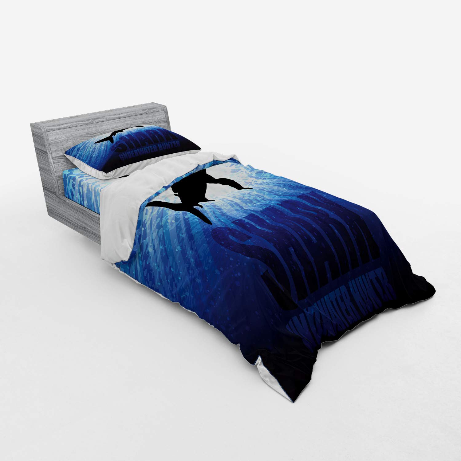 Ambesonne Shark Duvet Cover Set - 3 Piece Ocean Themed Bedding with Sham & Fitted Sheet, Twin Size, Royal Blue & Black - Underwater Marine Life Design for Kids & Teens Bedroom Decor