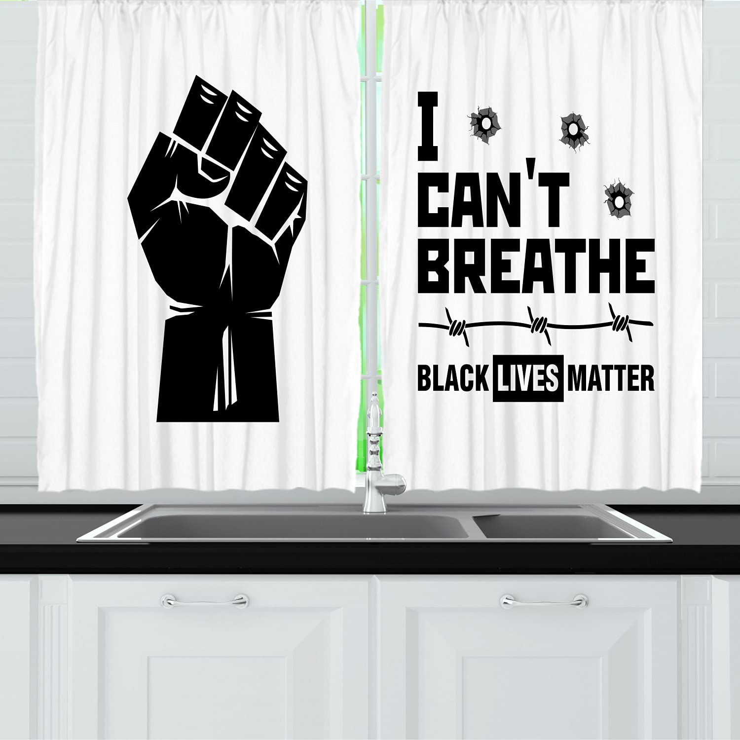 Ambesonne Black Lives Matter Long Kitchen Curtains - 'I Can't Breathe' Protest Design with Fist Print, 2-Panel Rod Pocket Drapes, 55x45 Inches, Charcoal Grey & White - Perfect for Social Justice Themed Home Decor & Kitchen Window Treatments