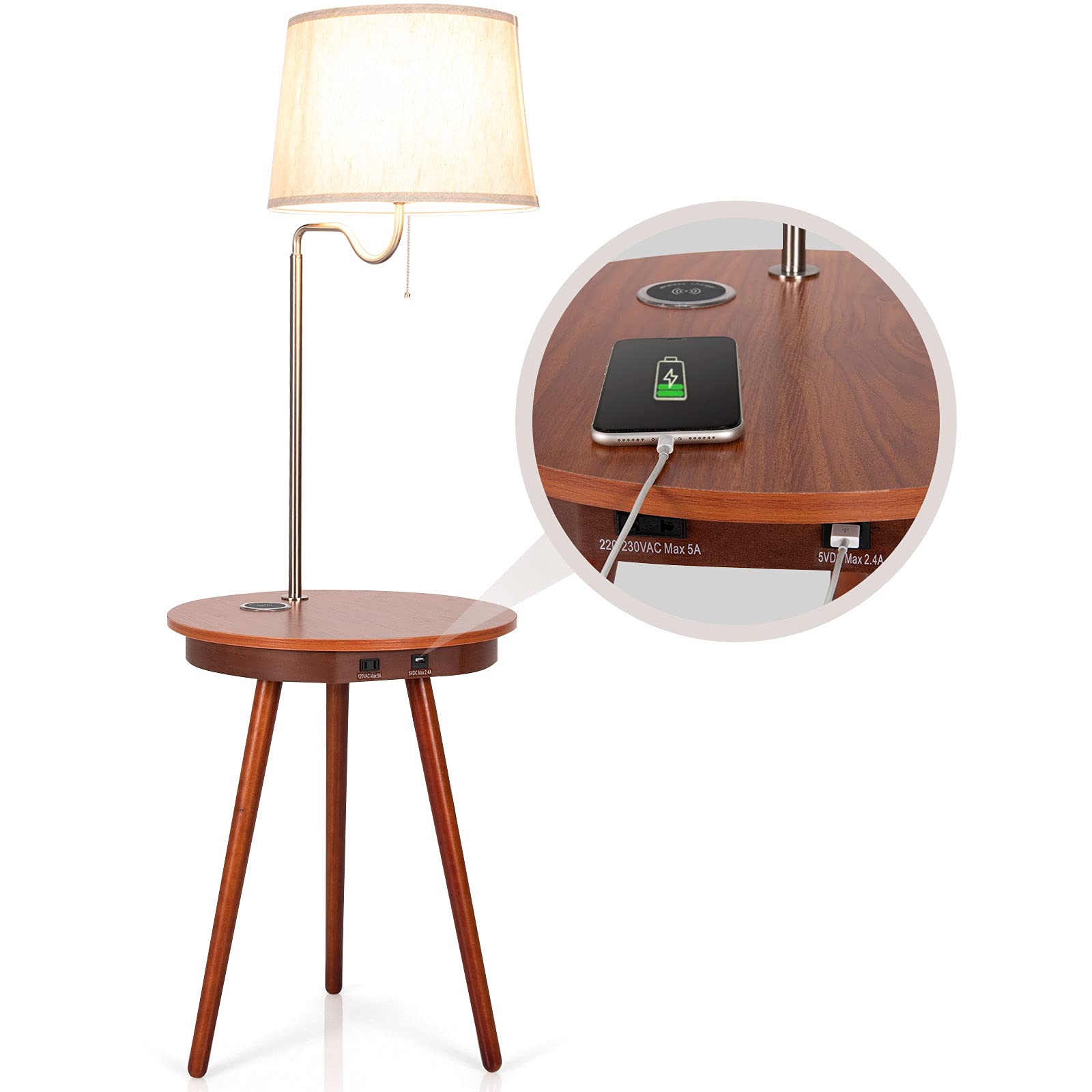 Tangkula Modern Floor Lamp with Side Table - USB Charging Port, 120V Outlet & Wireless Charger, Fabric Shade Bedside Lighting - Perfect Nightstand for Living Room, Bedroom & Guest Room - Ideal for Reading, Charging Devices & Ambient Lighting
