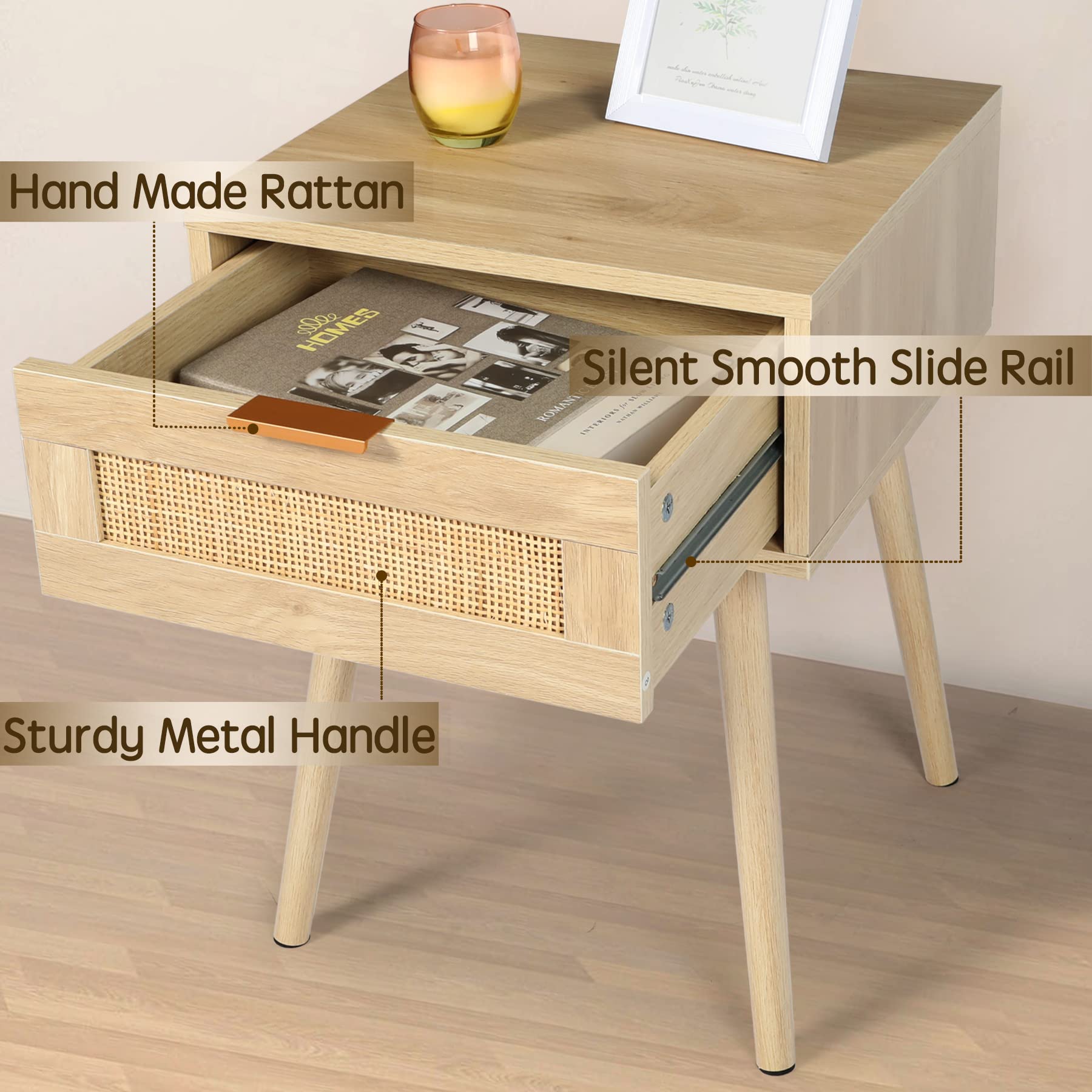 HOPUBUY 2-Pack Modern Nightstands with Rattan Drawer, Wooden Bedside Table for Small Spaces & Bedrooms - Brown (1 Drawer Each) - Perfect for Bedroom, Living Room & Dorm Organization