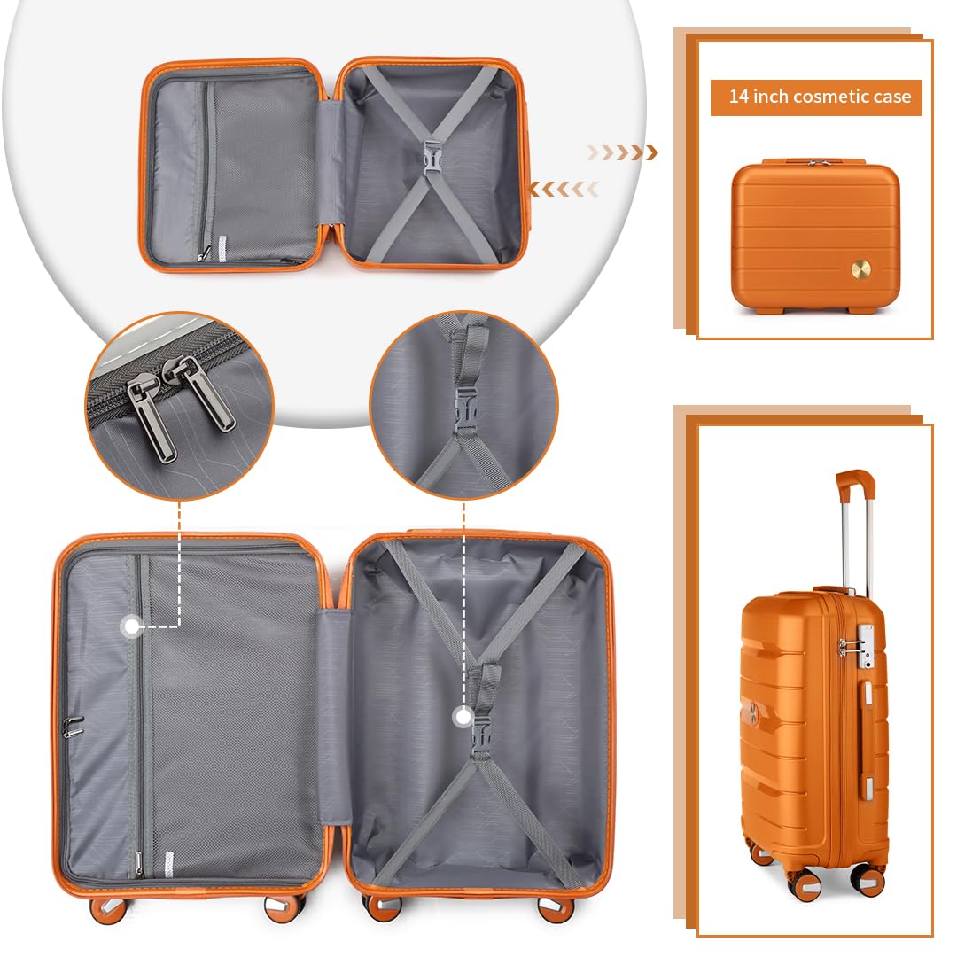Somago Lightweight Hardside Polypropylene Luggage Set with Packing Cubes - 4-Piece Spinner Suitcase with TSA Lock & Double Wheels for Travel (Sunset Orange) | Perfect for Business Trips, Vacations & International Travel