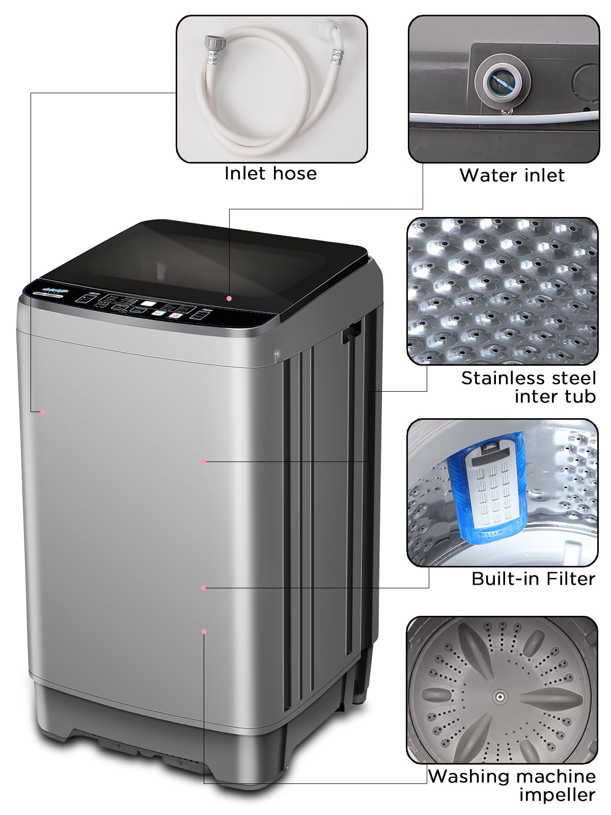 Full Automatic Washing Machine with LED Display - 25lbs Portable Washer with Drain Pump - 8 Programs & 8 Water Level Options - Perfect for Apartments, Dorms, RVs & Camping - Compact Laundry Solution for Small Spaces & Outdoor Adventures