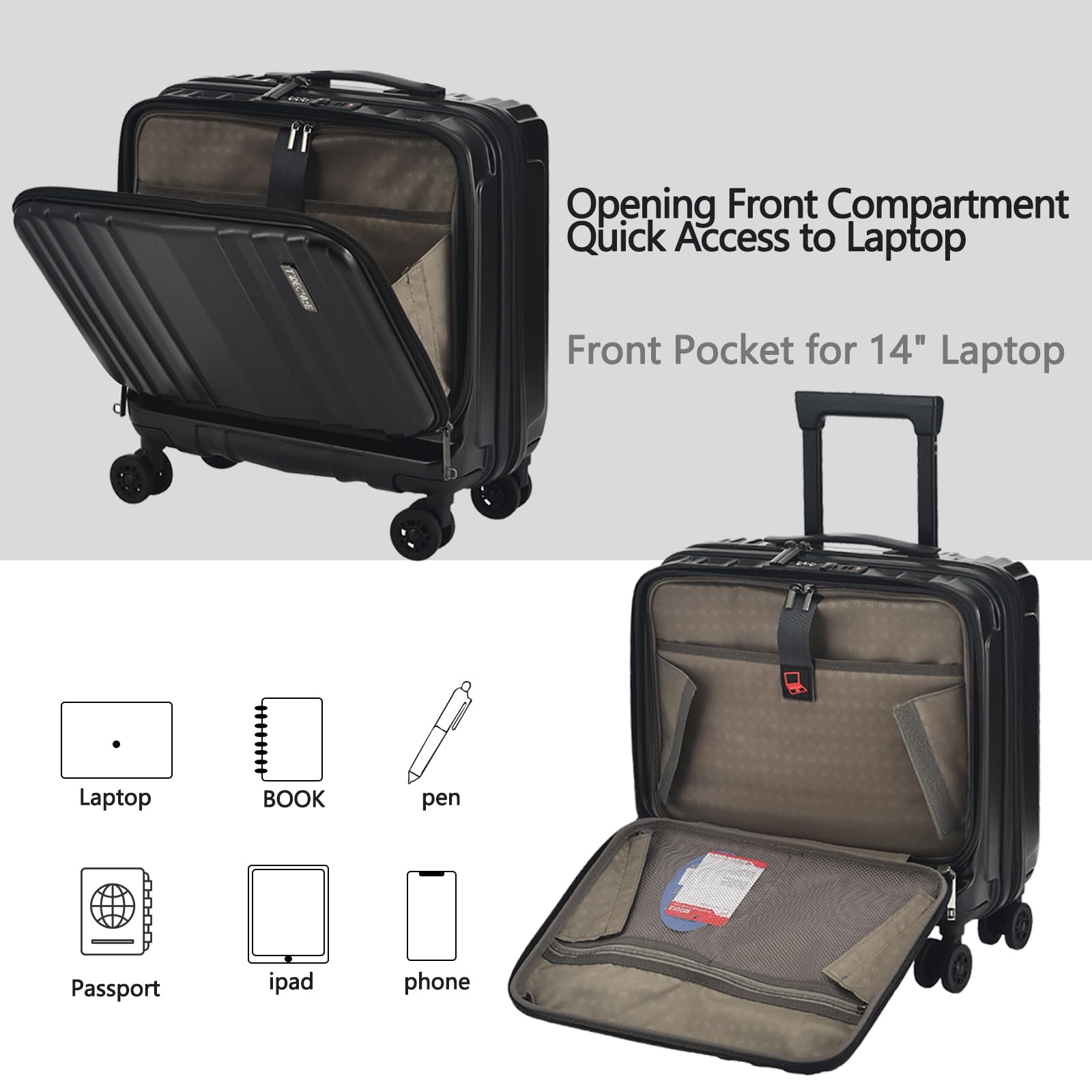 TydeCkare 16 Inch Carry On Luggage with 2 Laptop Compartments - Lightweight Hardshell ABS+PC Suitcase with TSA Lock, YKK Zippers & 4 Spinner Wheels - Perfect for Business Travel & Weekend Getaways (Black)