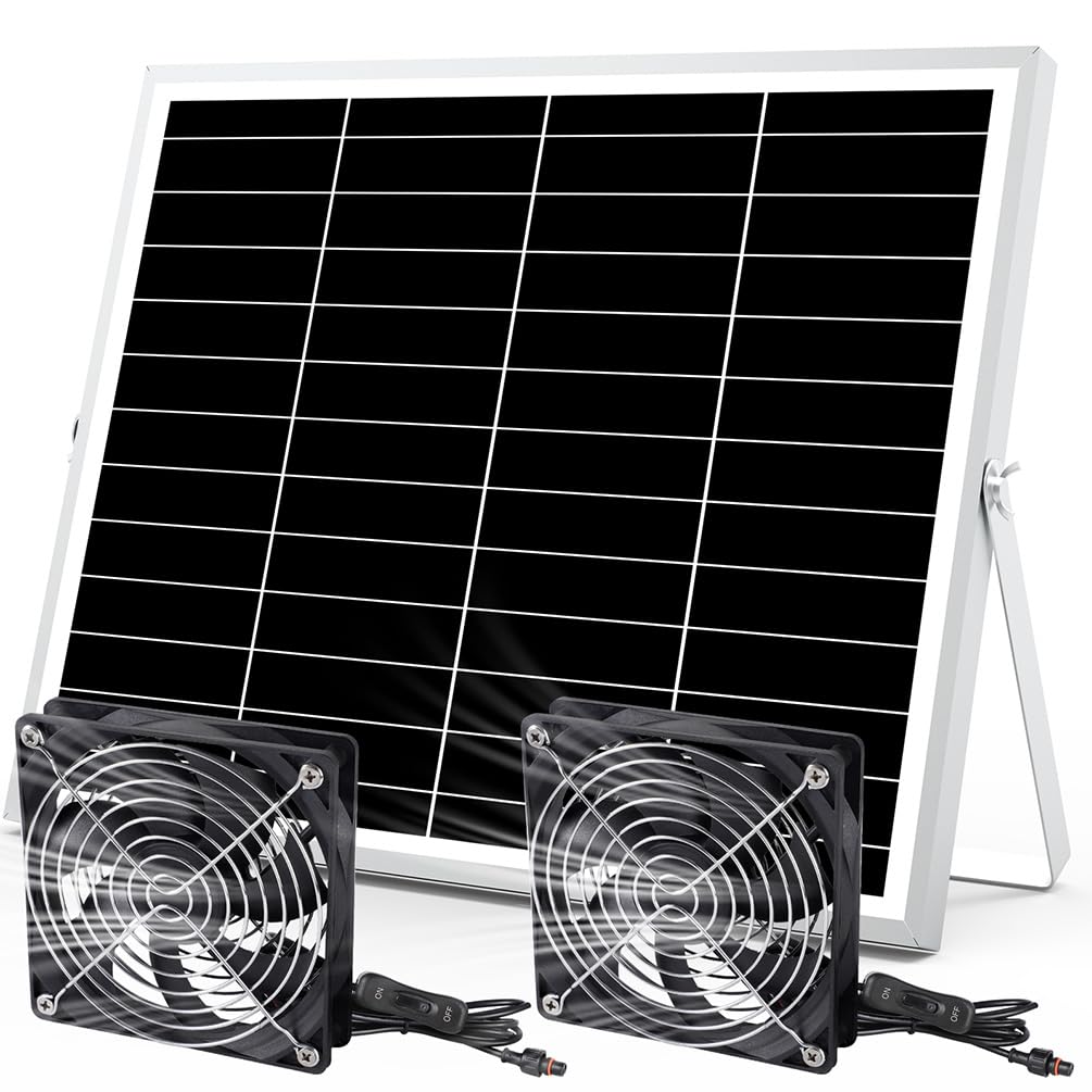 5 Inch Solar Powered Fan - IPX7 Waterproof Dual Exhaust & Intake Fan Kit with 13Ft On/Off Switch - Energy Efficient Cooling Ventilation for Greenhouse, Chicken Coop, Shed, Dog House & Outdoor Use - Perfect for Summer Heat Relief & Air Circulation