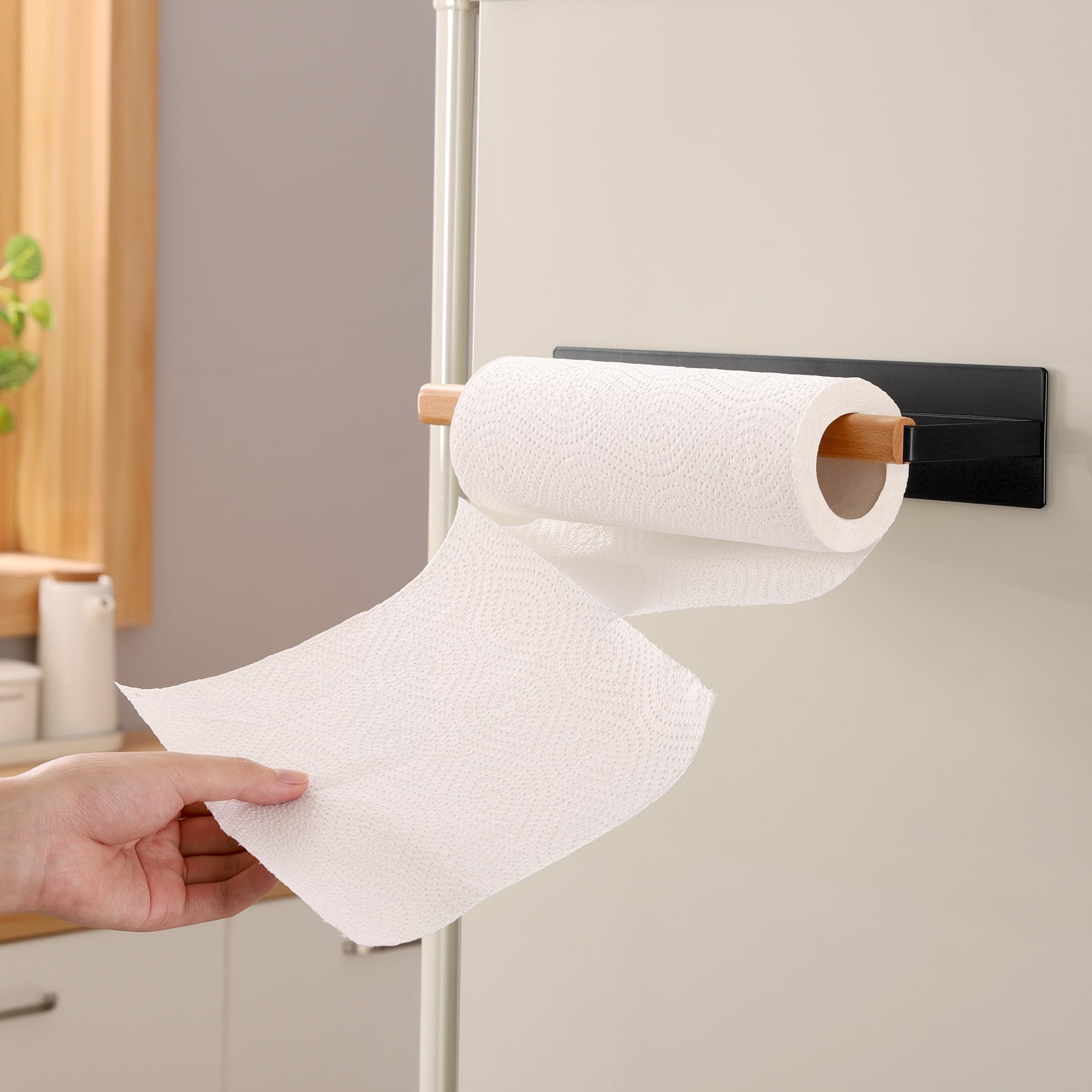 Magnetic Paper Towel Holder for Refrigerator - KES KPH502MA-BK Black Wood & Metal Paper Towel Roll Holder | Space-Saving Kitchen Organizer for Countertops, Cabinets & RVs