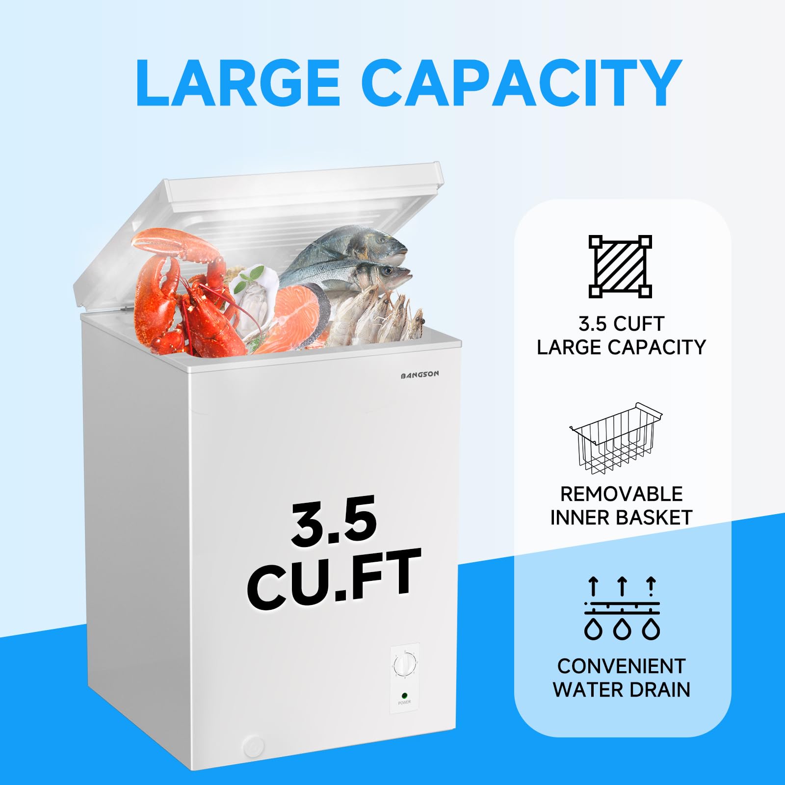 BANGSON 3.5 Cubic Feet Energy Efficient Chest Freezer with Removable Basket & Adjustable Temperature Control - Perfect for Home, Dorm, Apartment, Office - Ideal for Frozen Food Storage, Meal Prep & Bulk Grocery Savings