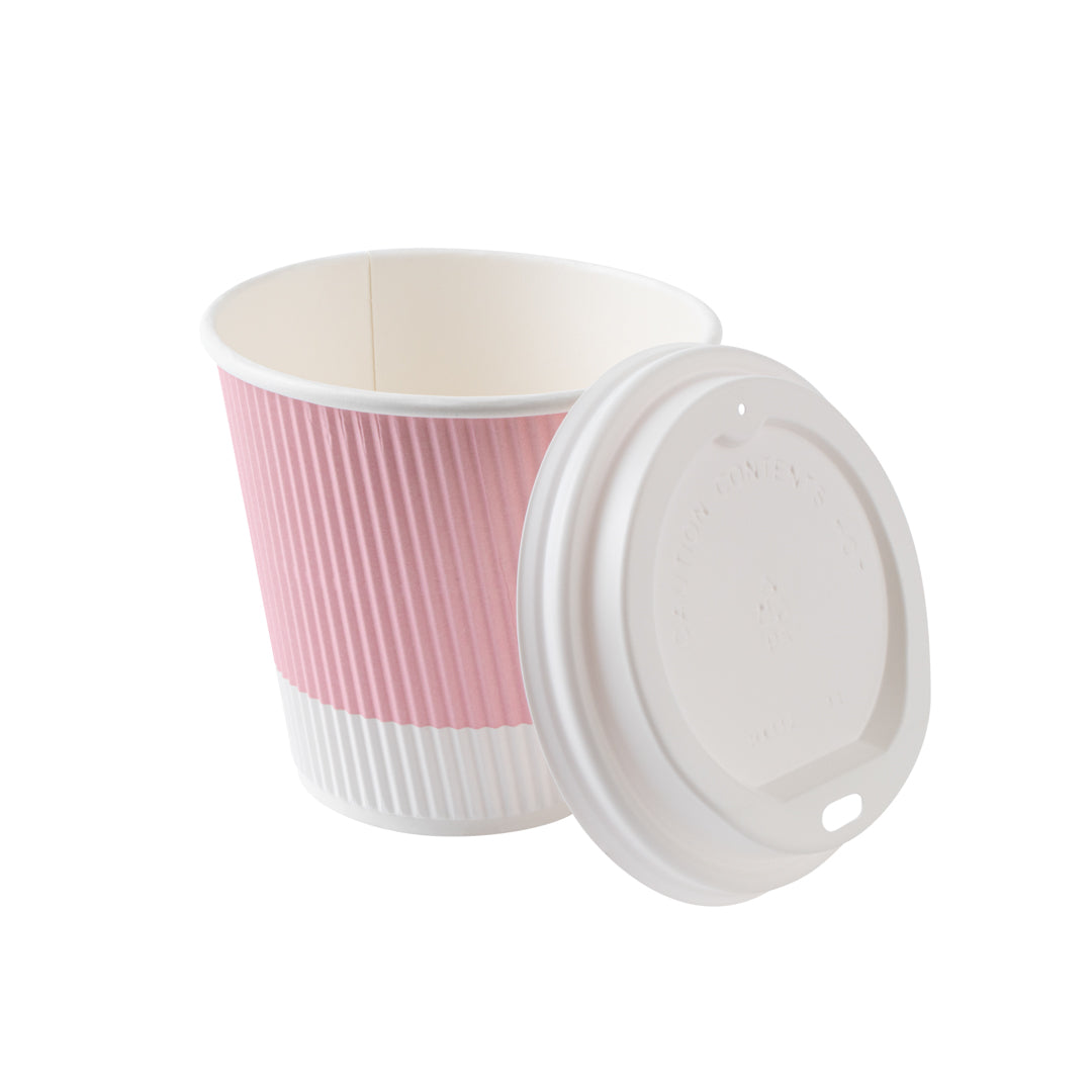 8 oz Light Pink Ripple Wall Coffee Cups with White Lids - 3.5
