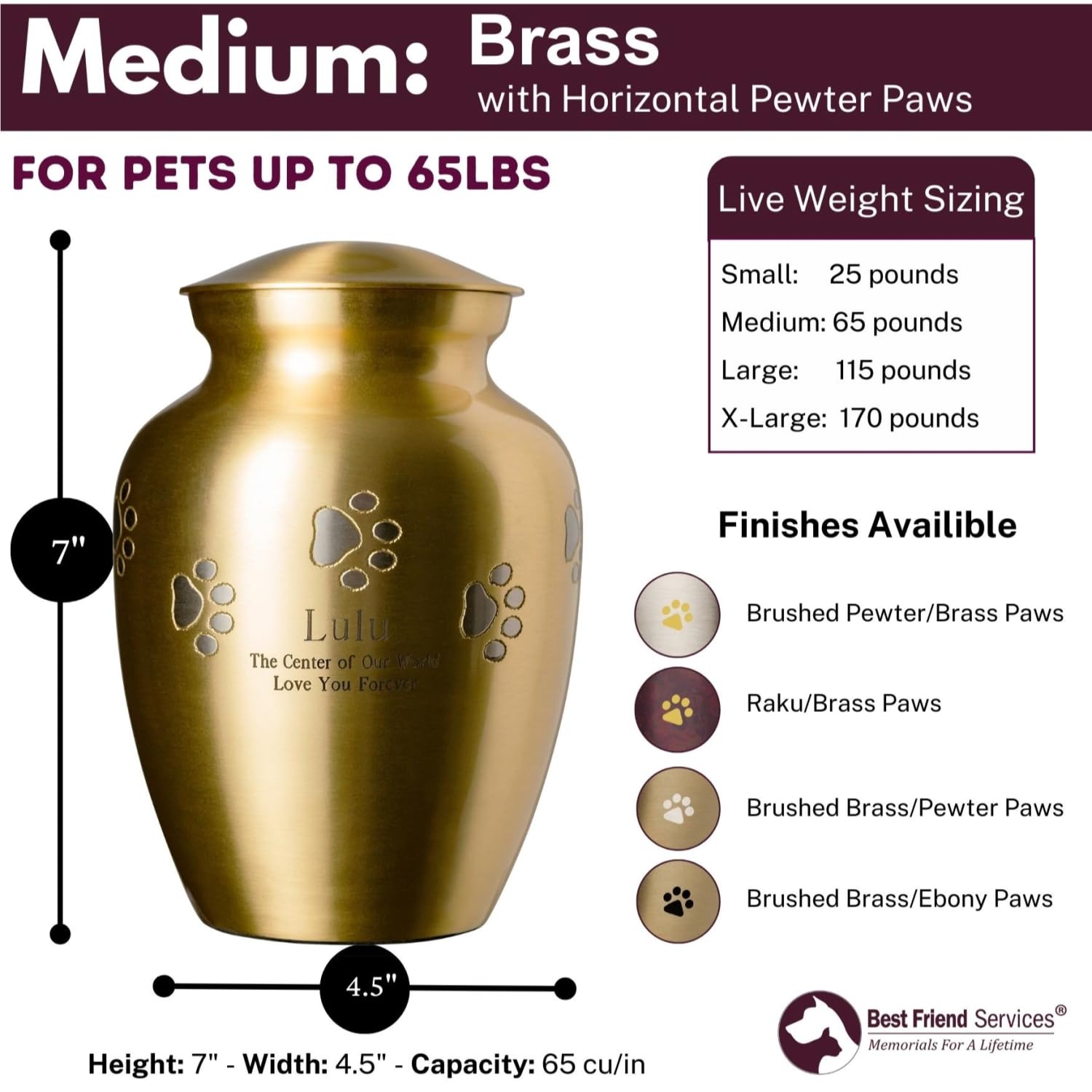 Ottillie Paws Elite Series Personalized Pet Urn for Dogs & Cats - Custom Engraved Memorial Urn in Brass, Pewter (Medium Size) - Perfect for Home Memorials & Pet Ashes Keepsakes