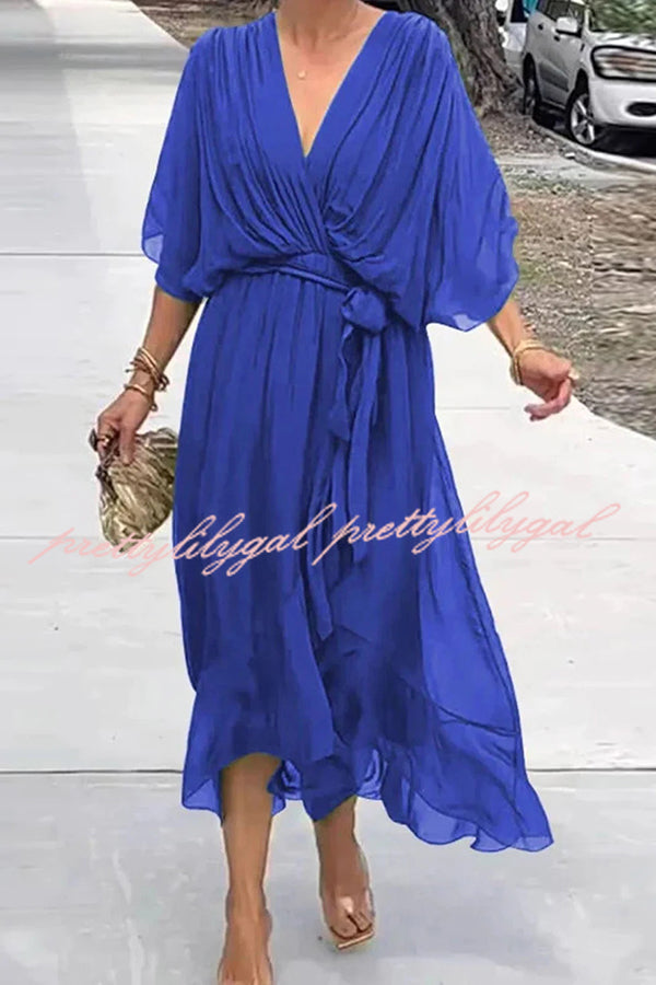 Elegant Solid Color V-Neck Batwing Sleeve Lace-Up Asymmetrical Hem Midi Dress for Women | Party, Cocktail, Wedding & Evening Occasions