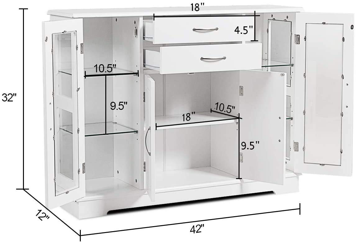 Moccha White Sideboard Buffet Cabinet with Adjustable Shelves & 2 Drawers - Kitchen Storage Cupboard with Glass Door for Dining Room, Living Room, Hallway - Perfect for Entertaining Guests & Organizing Dishes