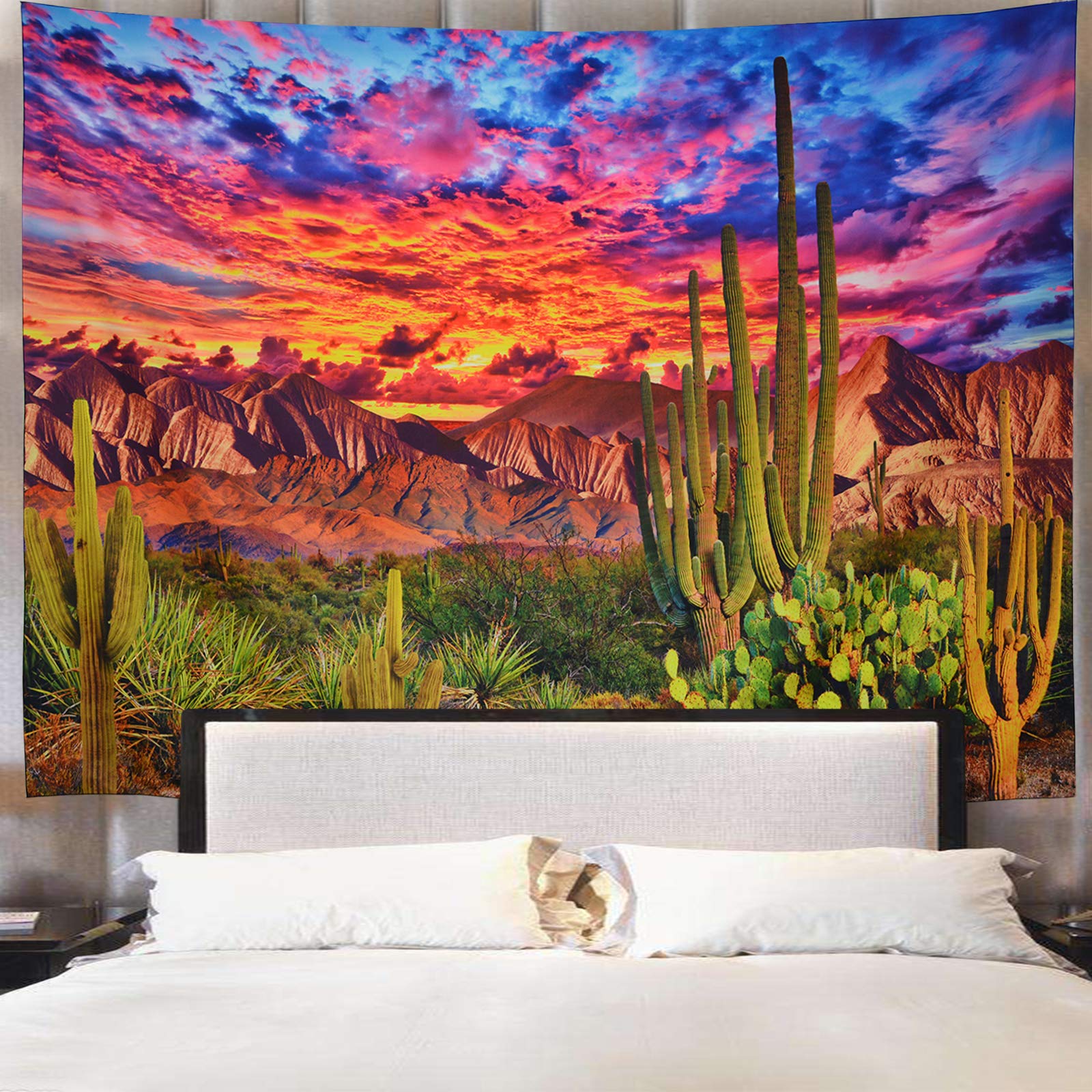 Generleo Mountain Desert Cactus Sunset Clouds Psychedelic Tropical Plants Wall Art - Vibrant Boho Wall Hanging for Bedroom, Living Room & Dorm Decor | Perfect for Bohemian Home Decor & Hippie Aesthetic