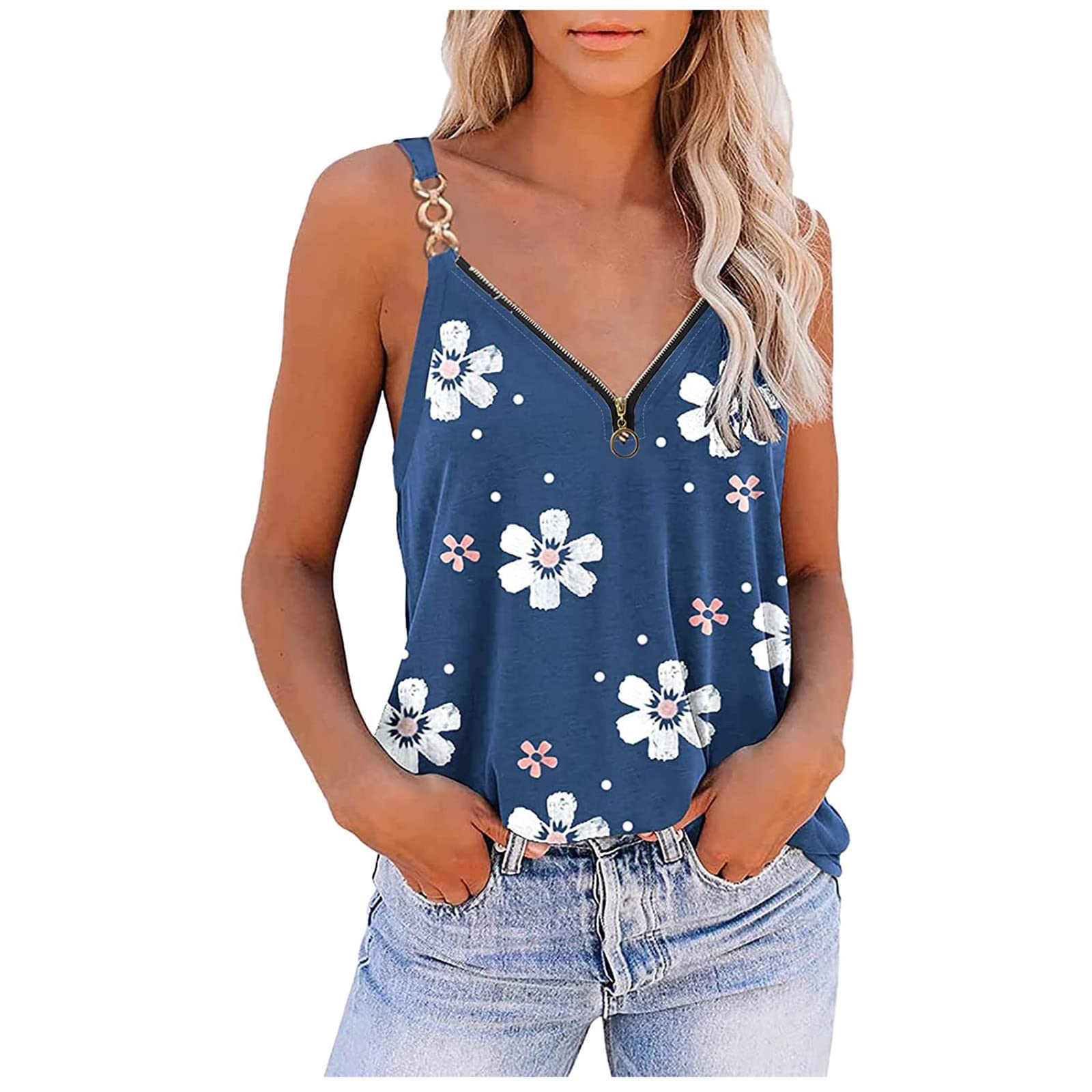 Women's Summer Sleeveless V-Neck Printed Camisole Top with Zipper - Casual Blouse for Beach, Travel & Everyday Wear