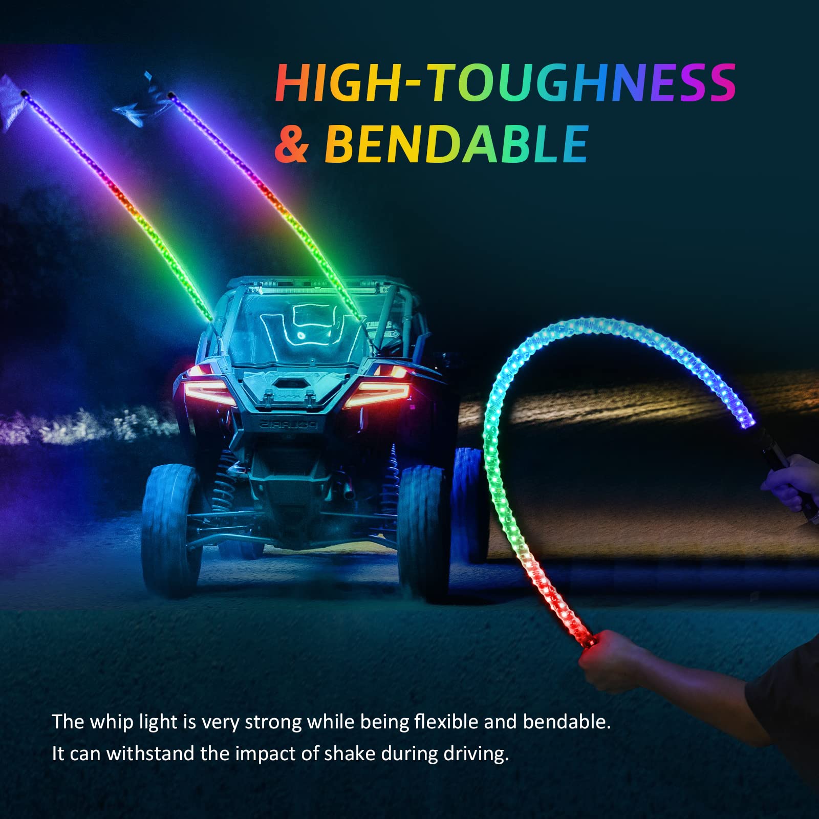 2 Pack 2FT LED Whip Lights with Spring Base - RGB Spiral Chasing Lights with App & Remote Control, Rocker Switch - for UTV, ATV, Polaris RZR, Can-Am SXS, Trucks - Perfect for Off-Roading, Night Rides & Car Shows
