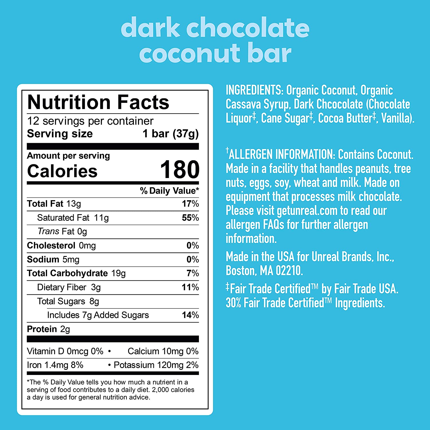 UNREAL Dark Chocolate Coconut Bars - 12 Count, Gluten-Free, Non-GMO, Vegan Snacks for Energy Boost & Healthy Lifestyle | Perfect for Office, Gym, Travel & On-the-Go Snacking