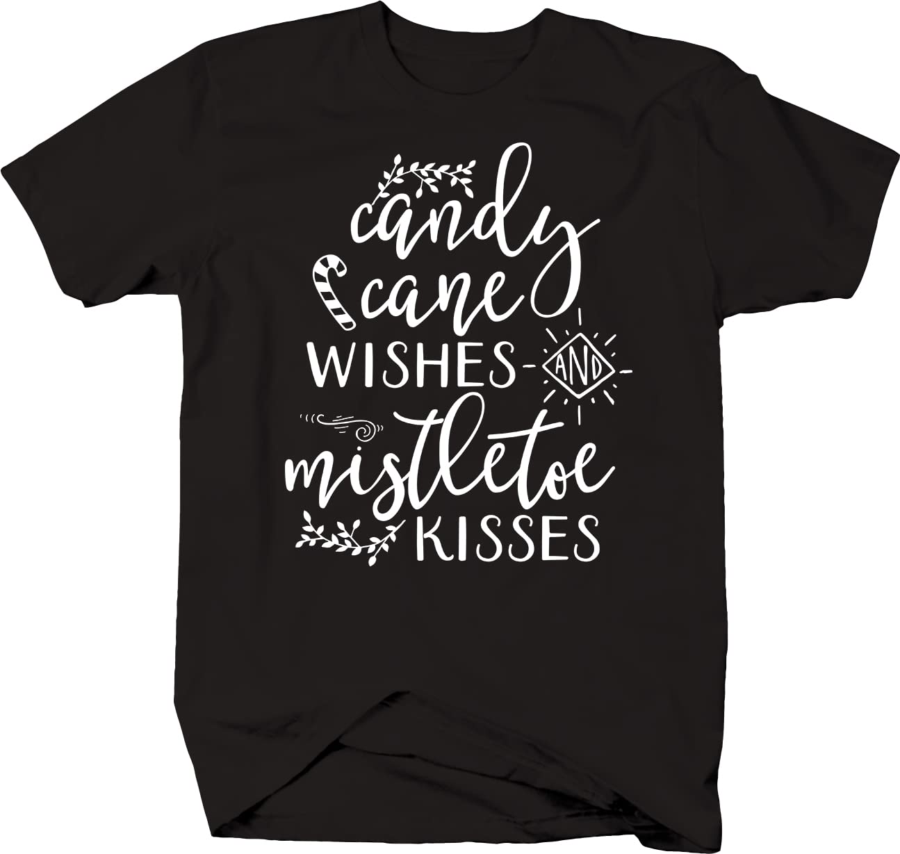 Christmas Candy Cane Wishes Mistletoe Kisses Graphic T-Shirt for Men - Black Holiday Party Outfit for Xmas Gatherings & Festive Celebrations